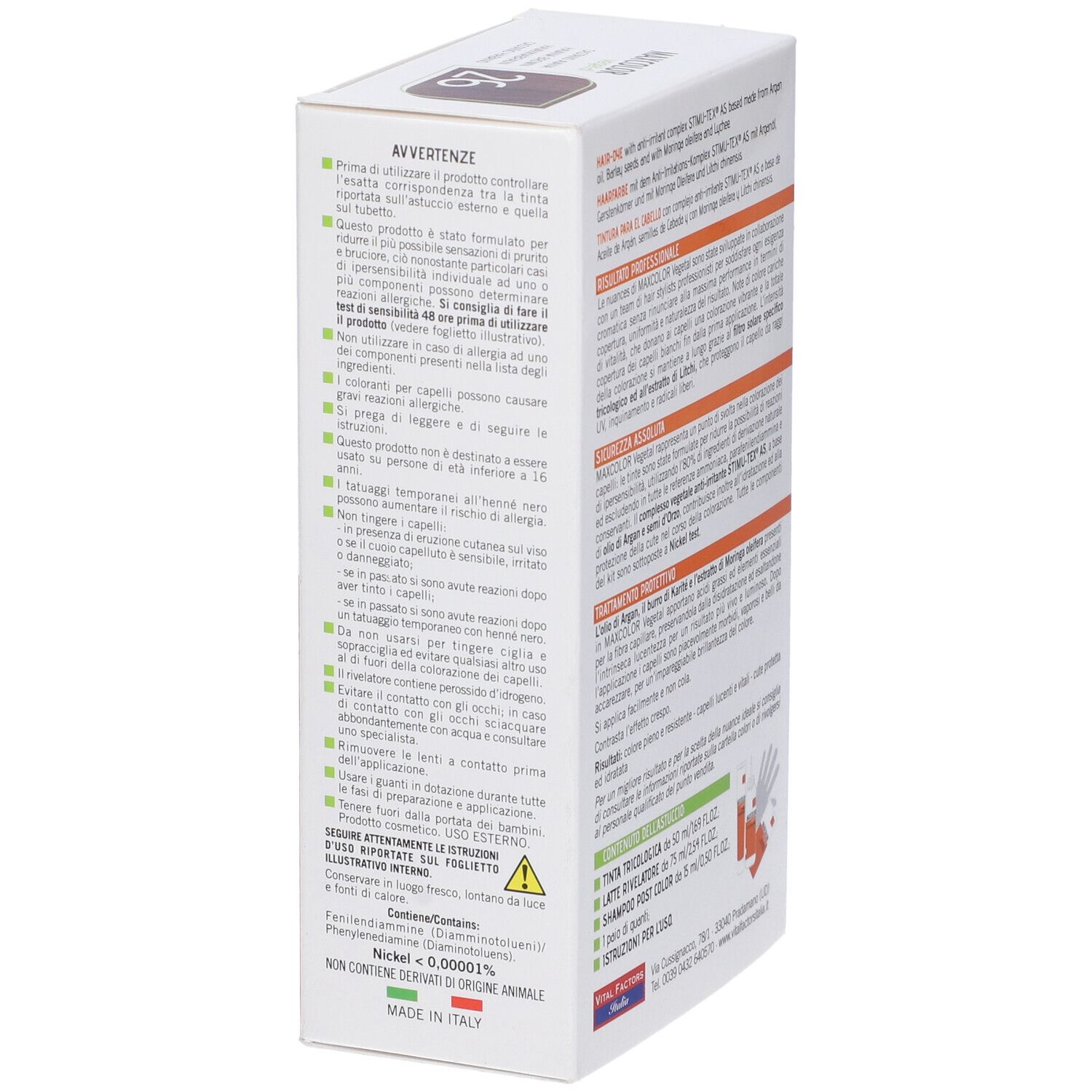 Lato della confezione di Max Color Vegetal 26. Contiene testo su ingredienti, avvertenze e origine.