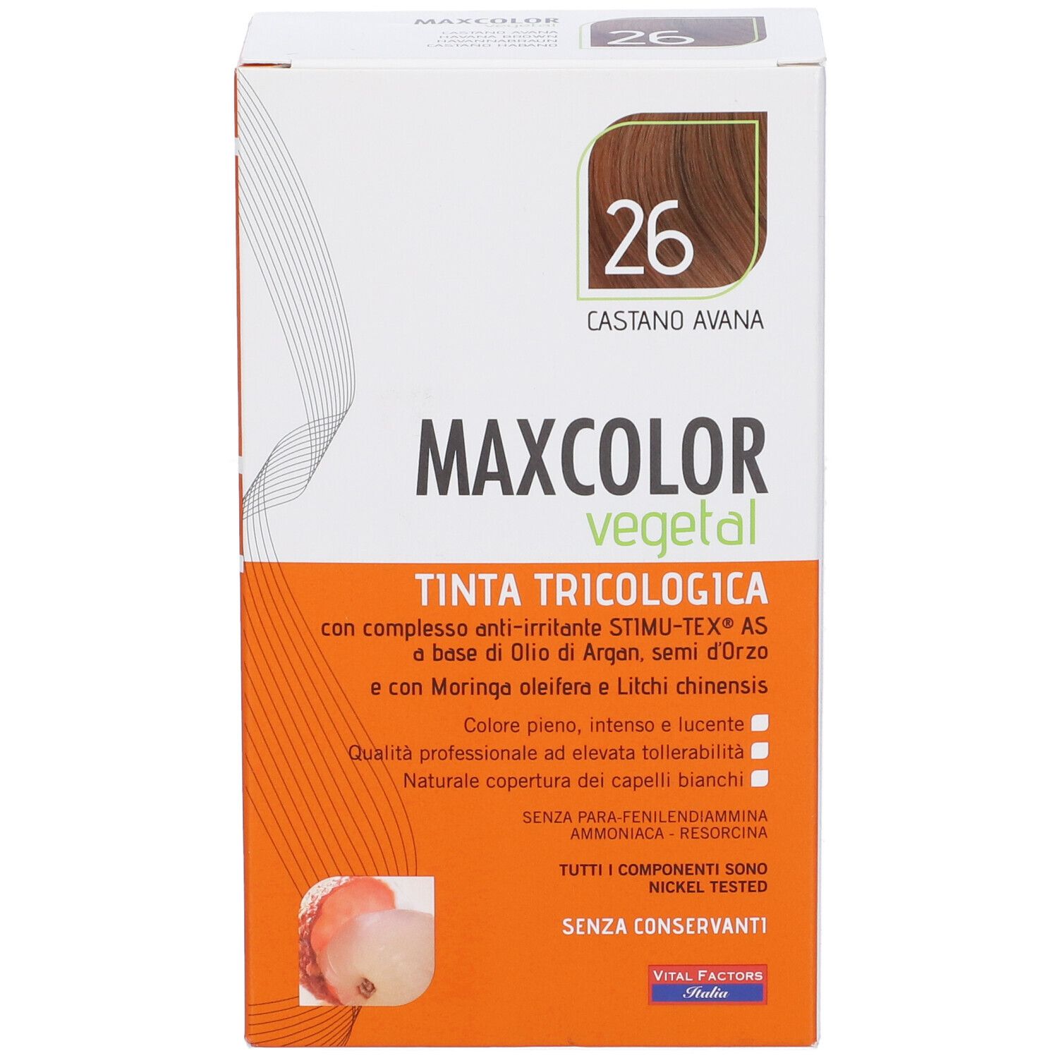 Confezione di Max Color Vegetal 26. Tinta castano avana. Contiene testo sugli ingredienti e le caratteristiche.