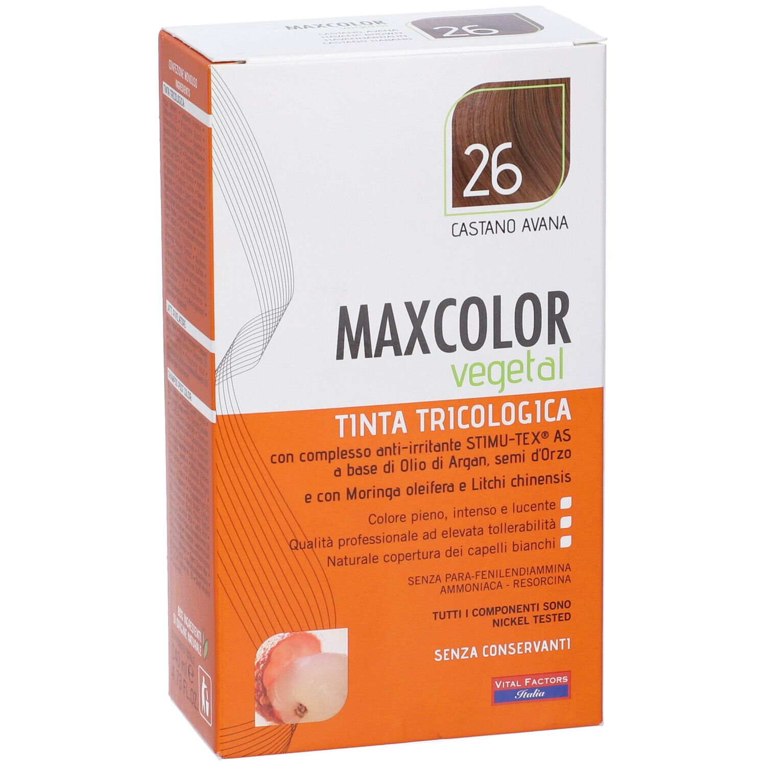 Confezione di Max Color Vegetal 26. Tinta castano avana. Contiene testo sugli ingredienti e le caratteristiche.