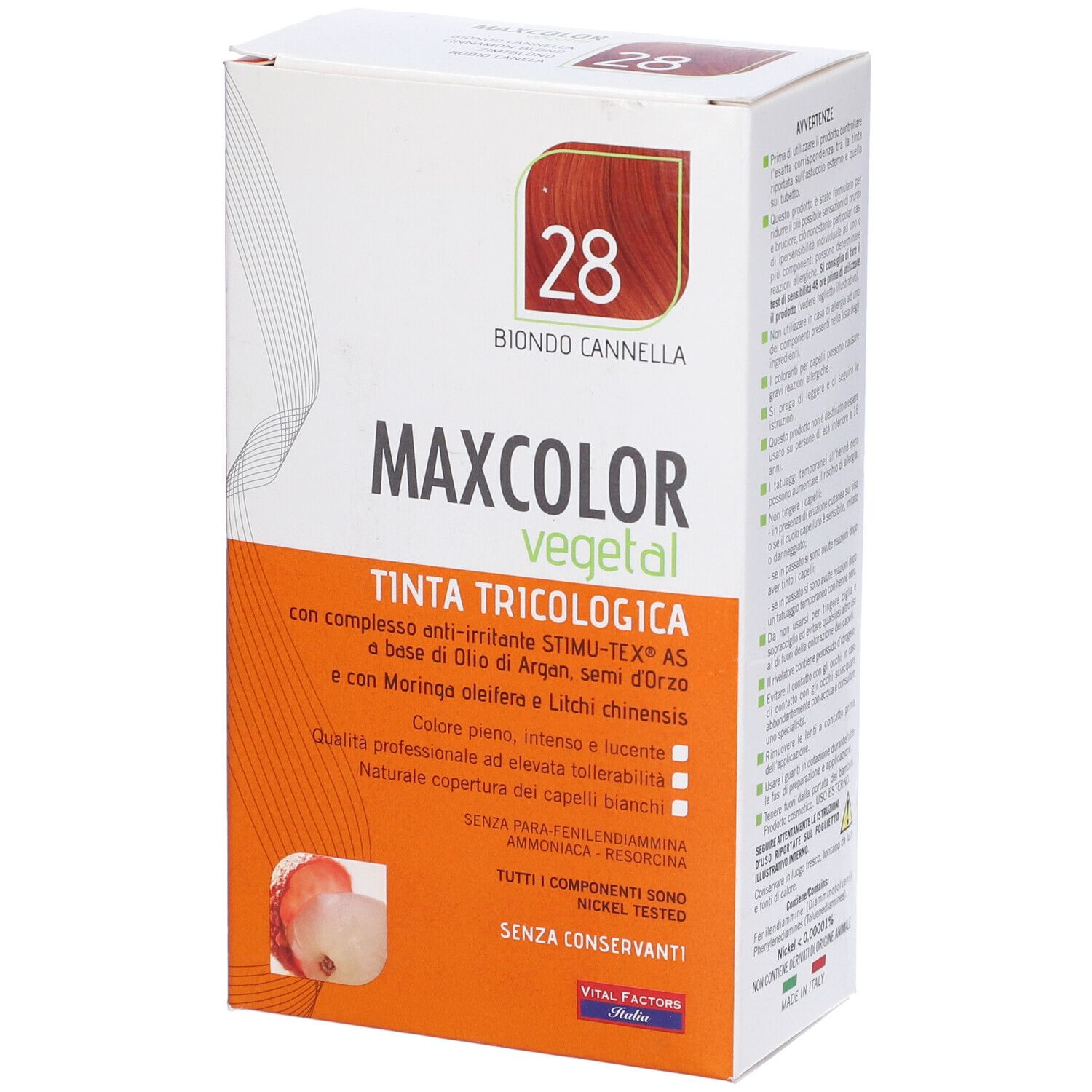 Confezione tinta per capelli Max Color Vegetal, tonalità 28. Informazioni e logo.