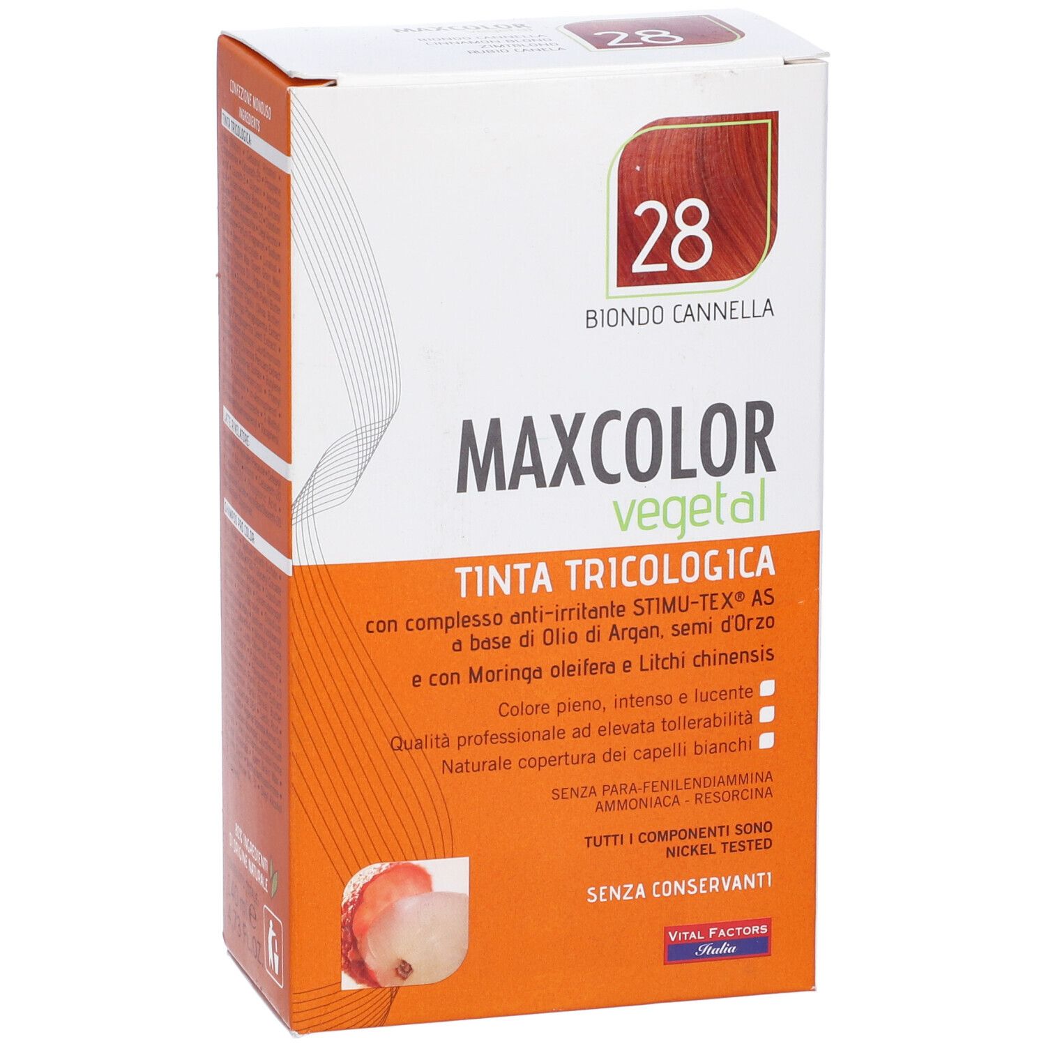 Confezione tinta per capelli Max Color Vegetal, tonalità 28. Informazioni e logo.