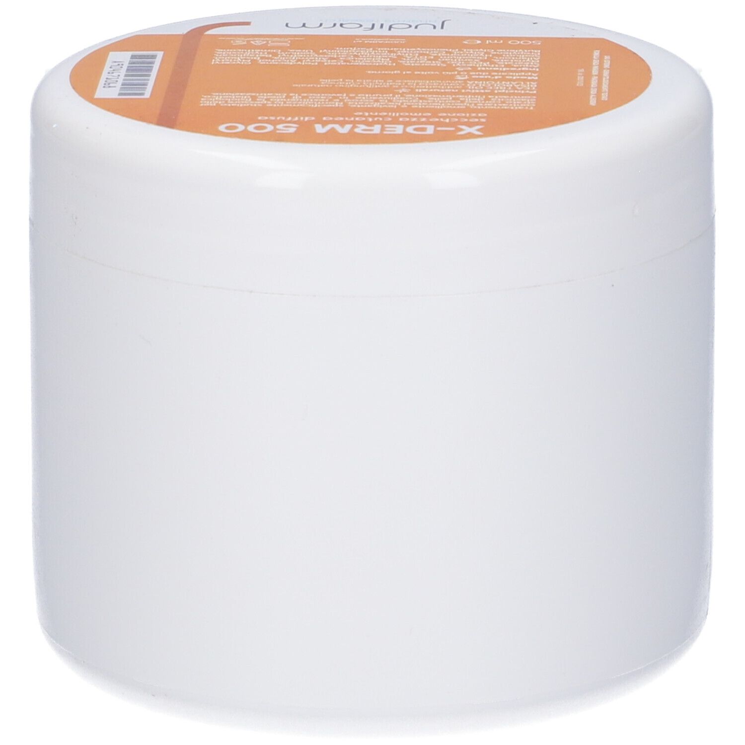 Contenitore cilindrico bianco con coperchio arancione. Nome del prodotto e informazioni sul coperchio.