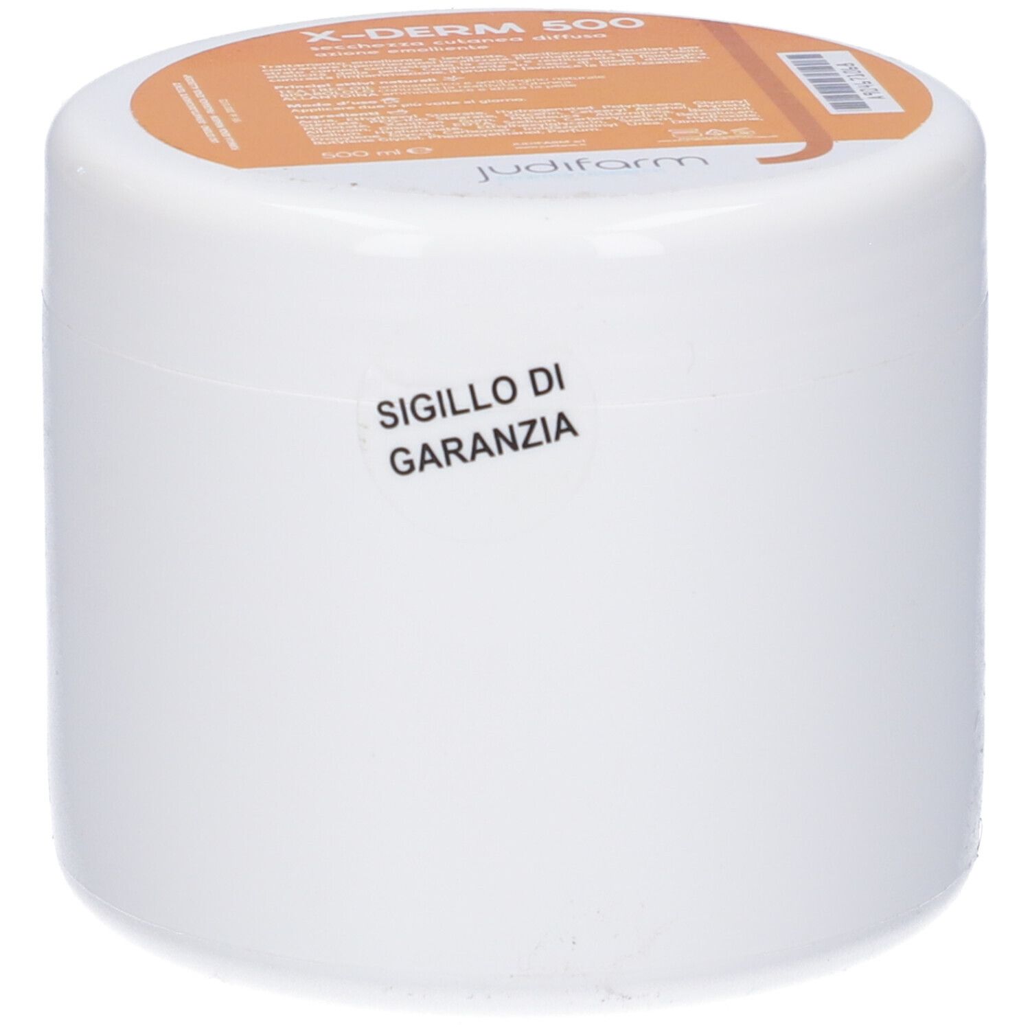 Contenitore cilindrico bianco con coperchio arancione. Etichette con informazioni sul prodotto. Etichetta "SIGILLO DI GARANZIA".