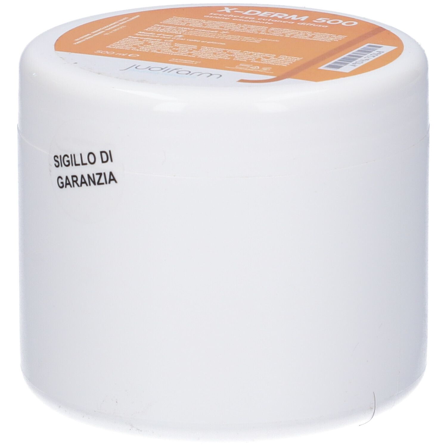 Contenitore cilindrico bianco con coperchio arancione. Etichette con informazioni sul prodotto. Etichetta "SIGILLO DI GARANZIA".