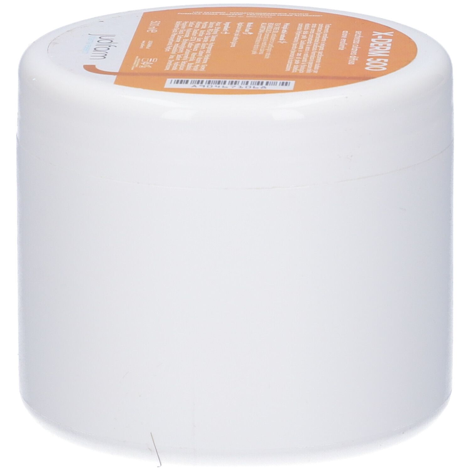 Contenitore cilindrico bianco con coperchio arancione. Nome del prodotto e informazioni sul coperchio.