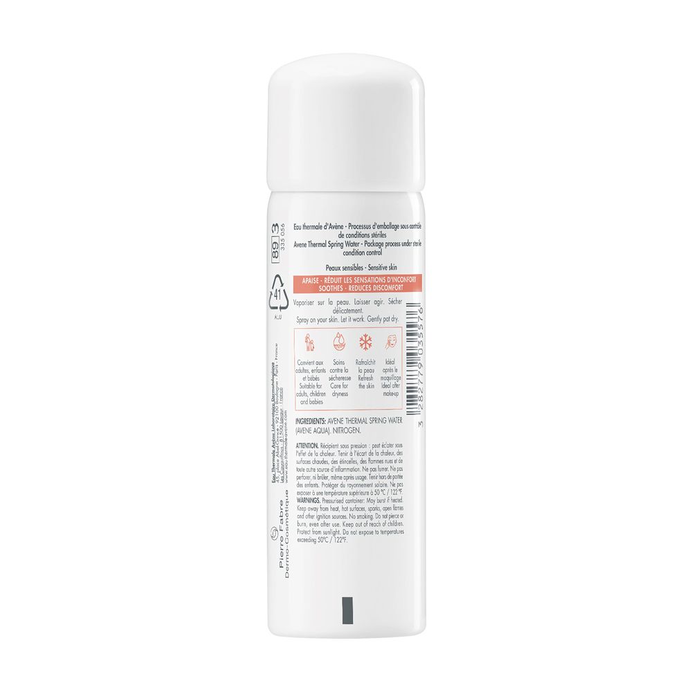 Retro dello spray. Testo: Eau Thermale. Per pelli sensibili. Ingredienti. Istruzioni per l'uso. Precauzioni.