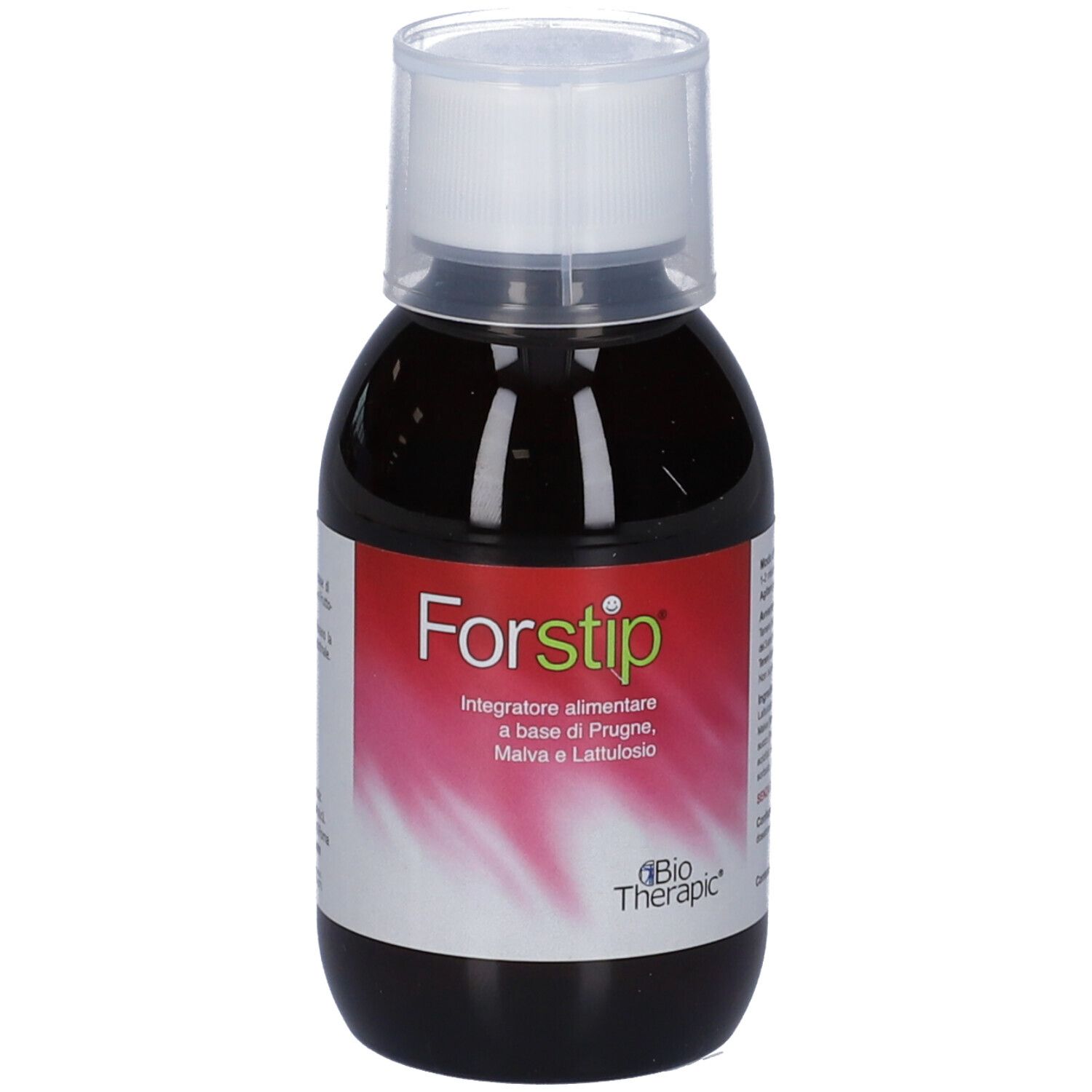 Flacone Forstip. Testo in italiano. Sfondo rosso e bianco. Con tappo.