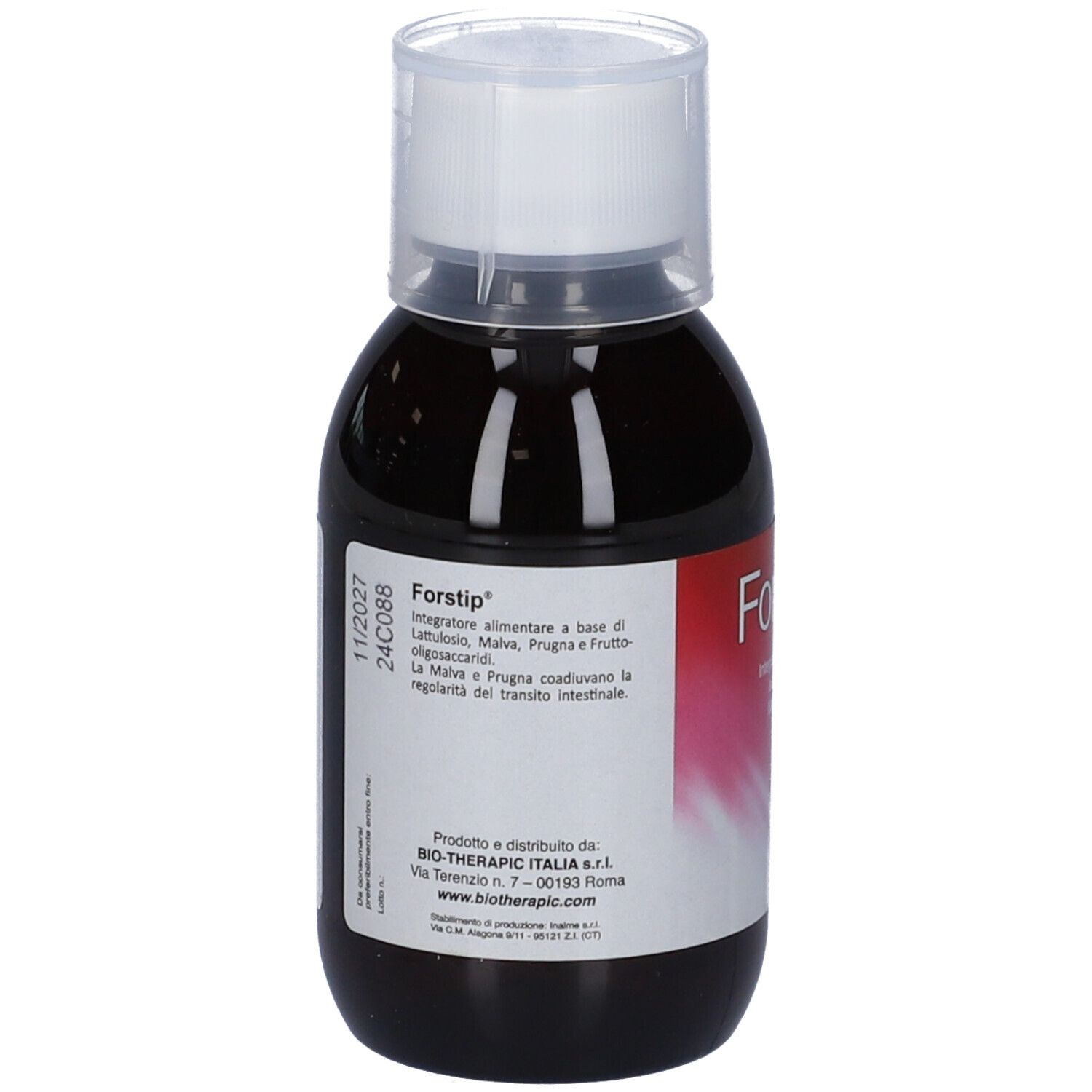 Flacone Forstip. Testo in italiano. Sfondo rosso e bianco. Con tappo.