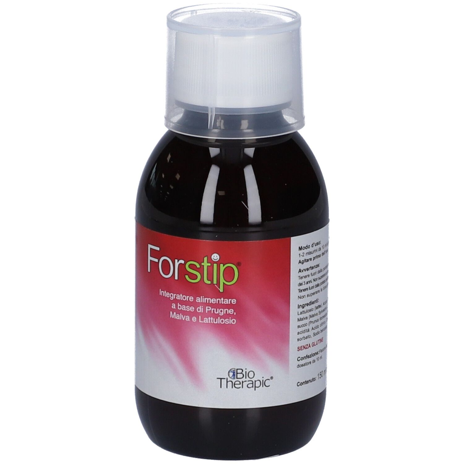 Flacone Forstip. Testo in italiano. Sfondo rosso e bianco. Con tappo.