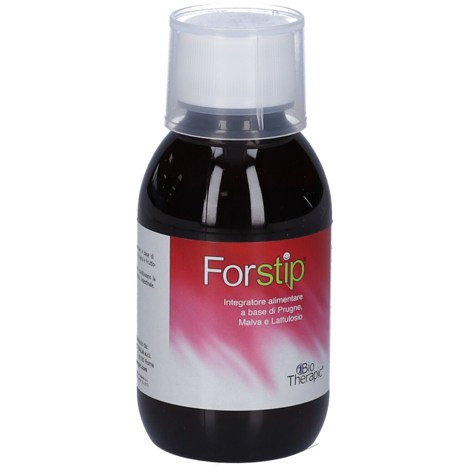 Flacone Forstip. Testo in italiano. Sfondo rosso e bianco. Con tappo.