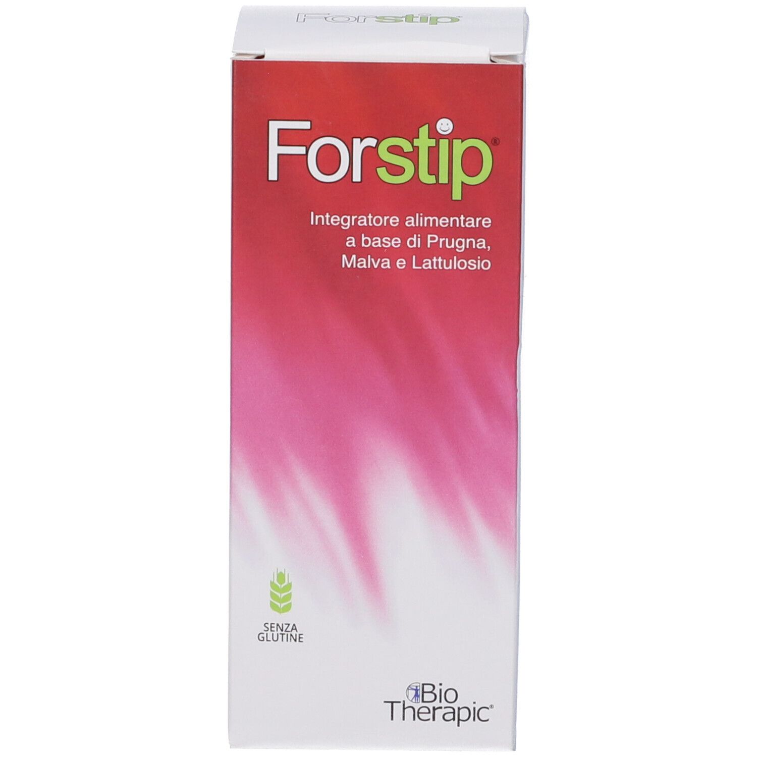 Scatola Forstip. Testo in italiano. Sfondo rosso e bianco. Simbolo senza glutine.
