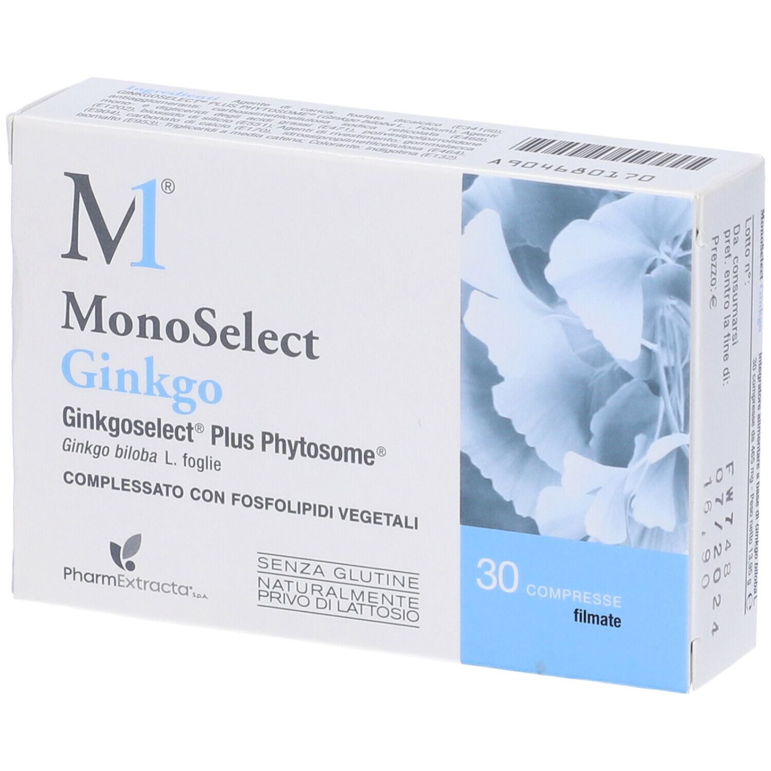 Scatola di Monoselect Ginkgo 30 compresse. Scritto: Ginkgoselect Plus Phytosome, senza glutine, senza lattosio.