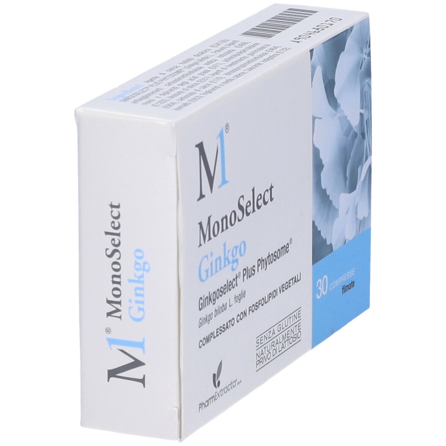 Scatola di Monoselect Ginkgo 30 compresse. Scritto: Ginkgoselect Plus Phytosome, senza glutine, senza lattosio. Vista prospettica.