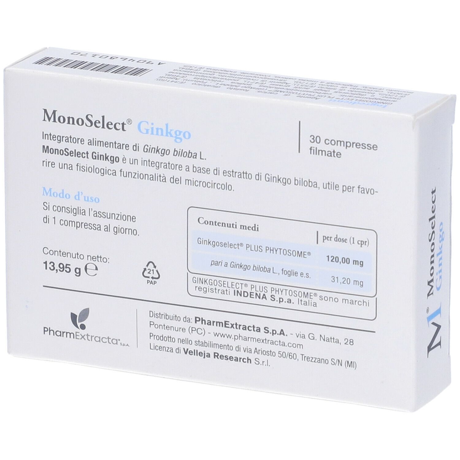 Retro della scatola di Monoselect Ginkgo 30 compresse. Contiene informazioni sugli ingredienti e l'uso.