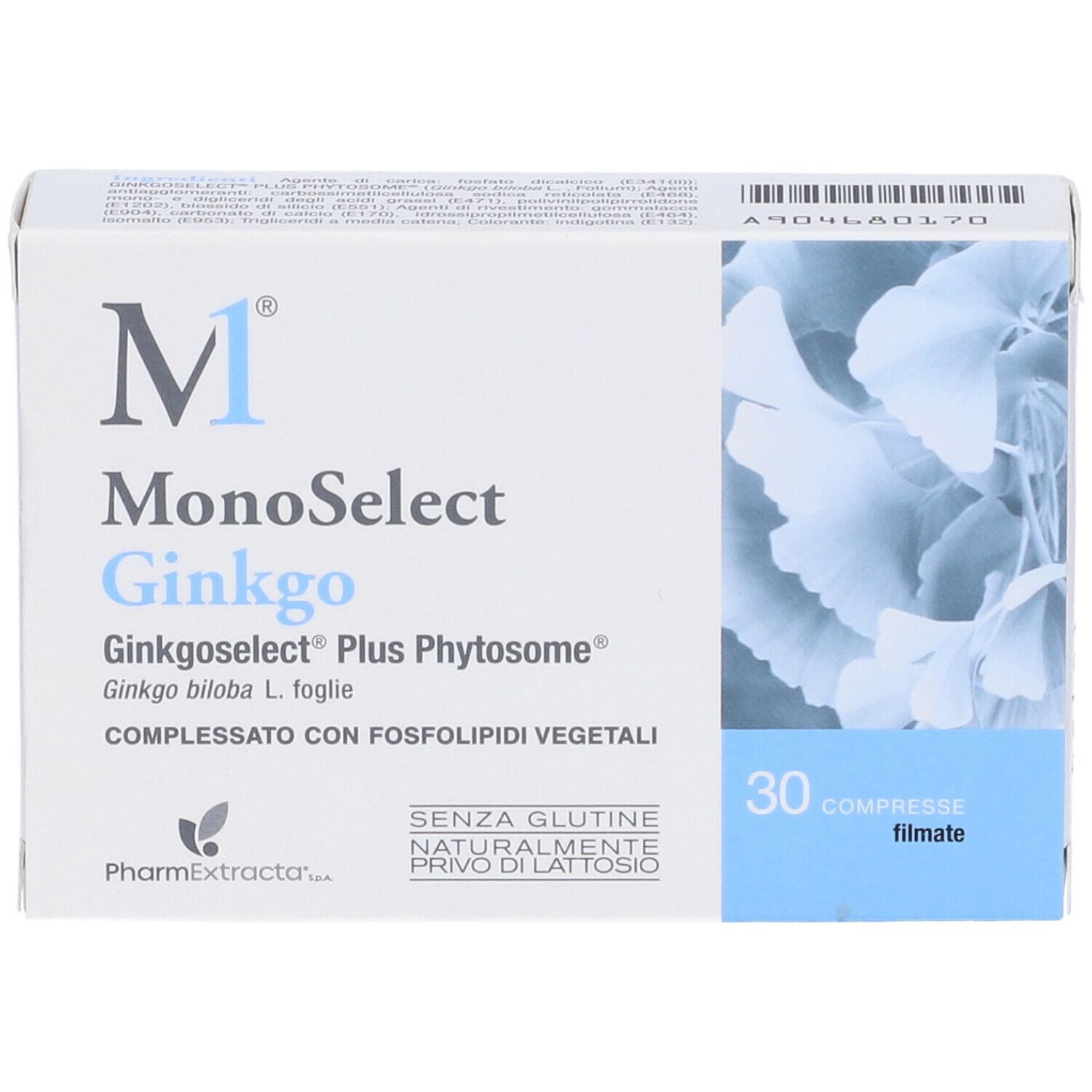 Scatola di Monoselect Ginkgo 30 compresse. Scritto: Ginkgoselect Plus Phytosome, senza glutine, senza lattosio.