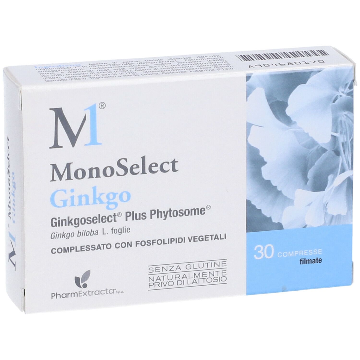 Scatola di Monoselect Ginkgo 30 compresse. Scritto: Ginkgoselect Plus Phytosome, senza glutine, senza lattosio.