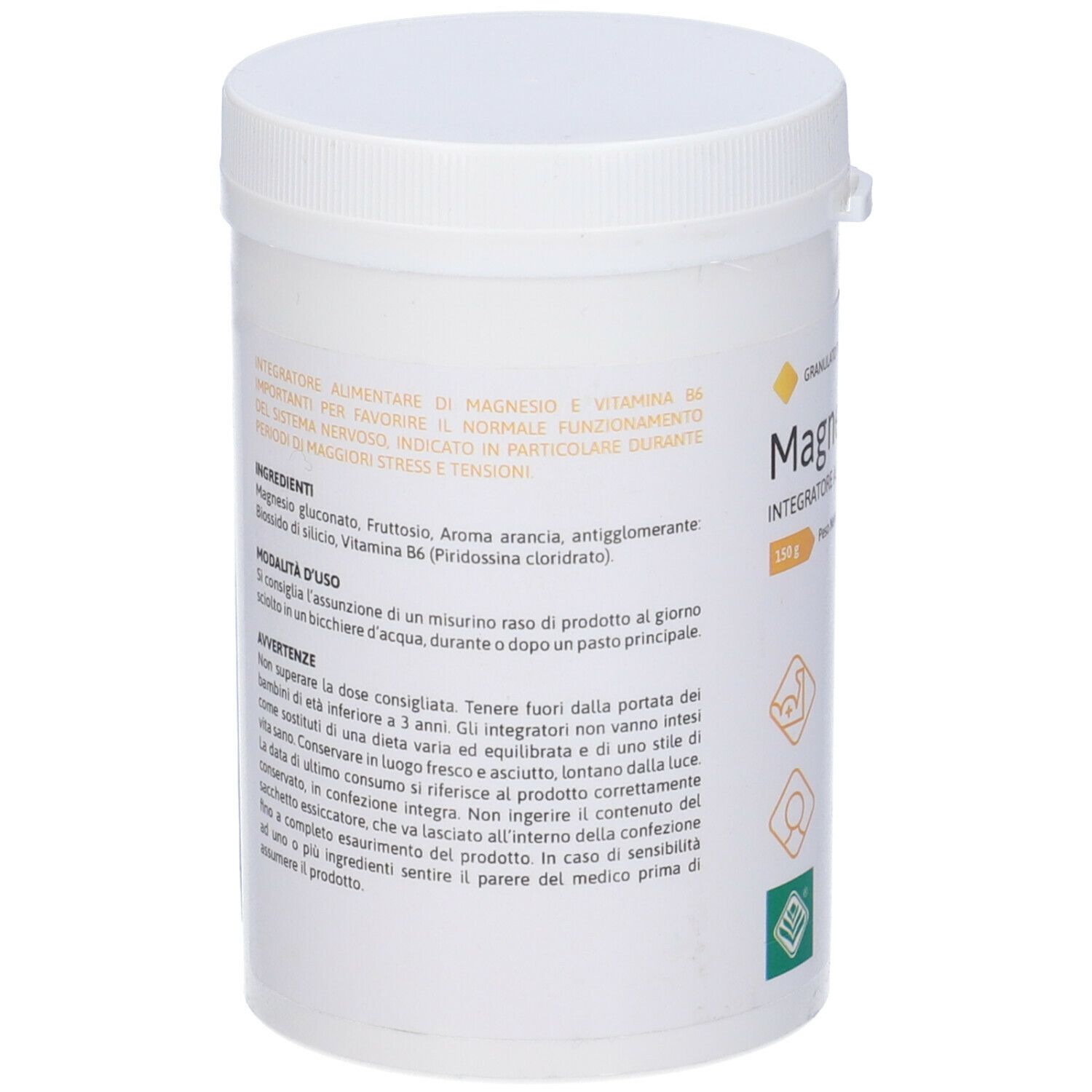 Retro del contenitore bianco. Testo su ingredienti e uso. Loghi e codice a barre.
