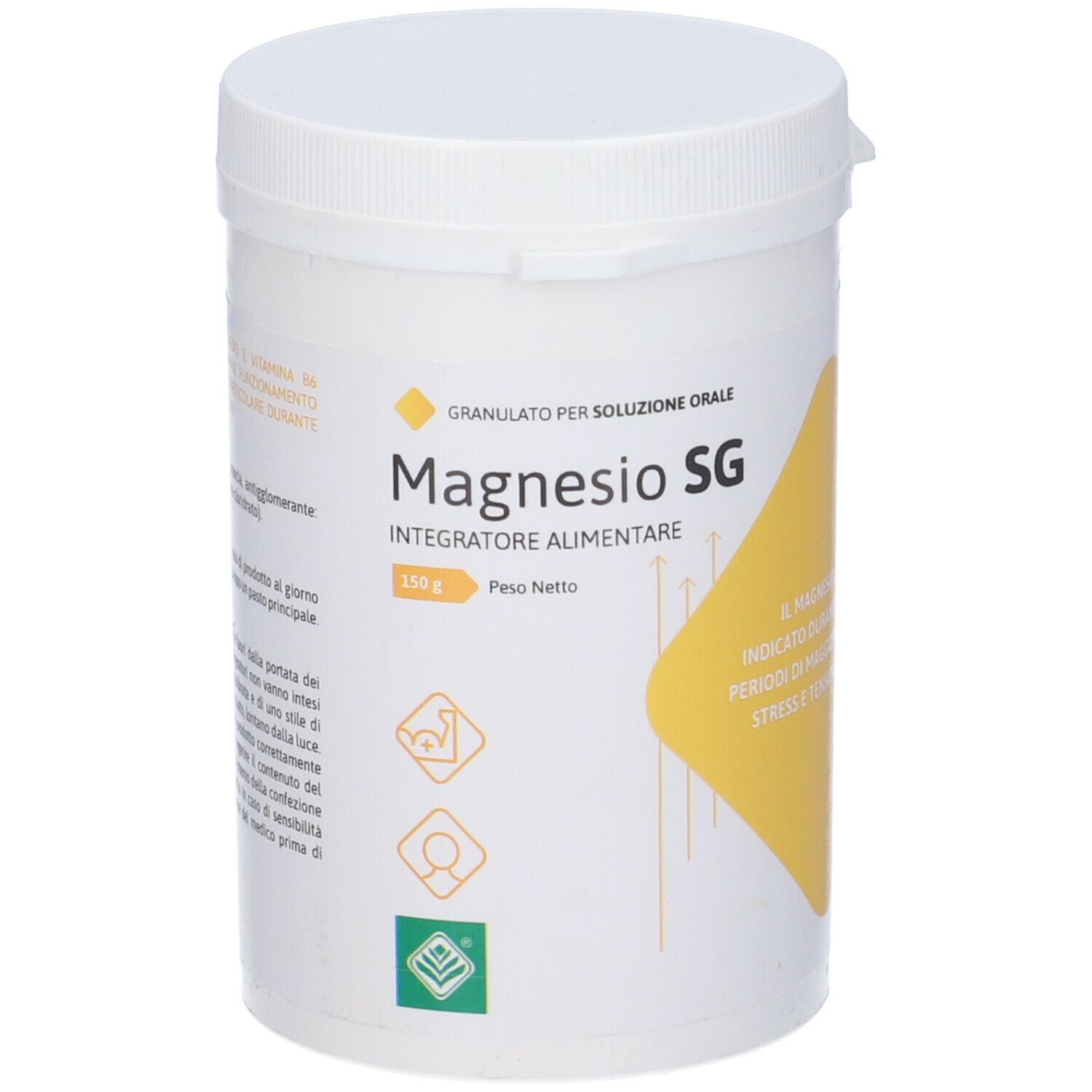 Contenitore bianco con coperchio. Scritta: Magnesio SG, Integratore Alimentare. Etichetta gialla con testo.