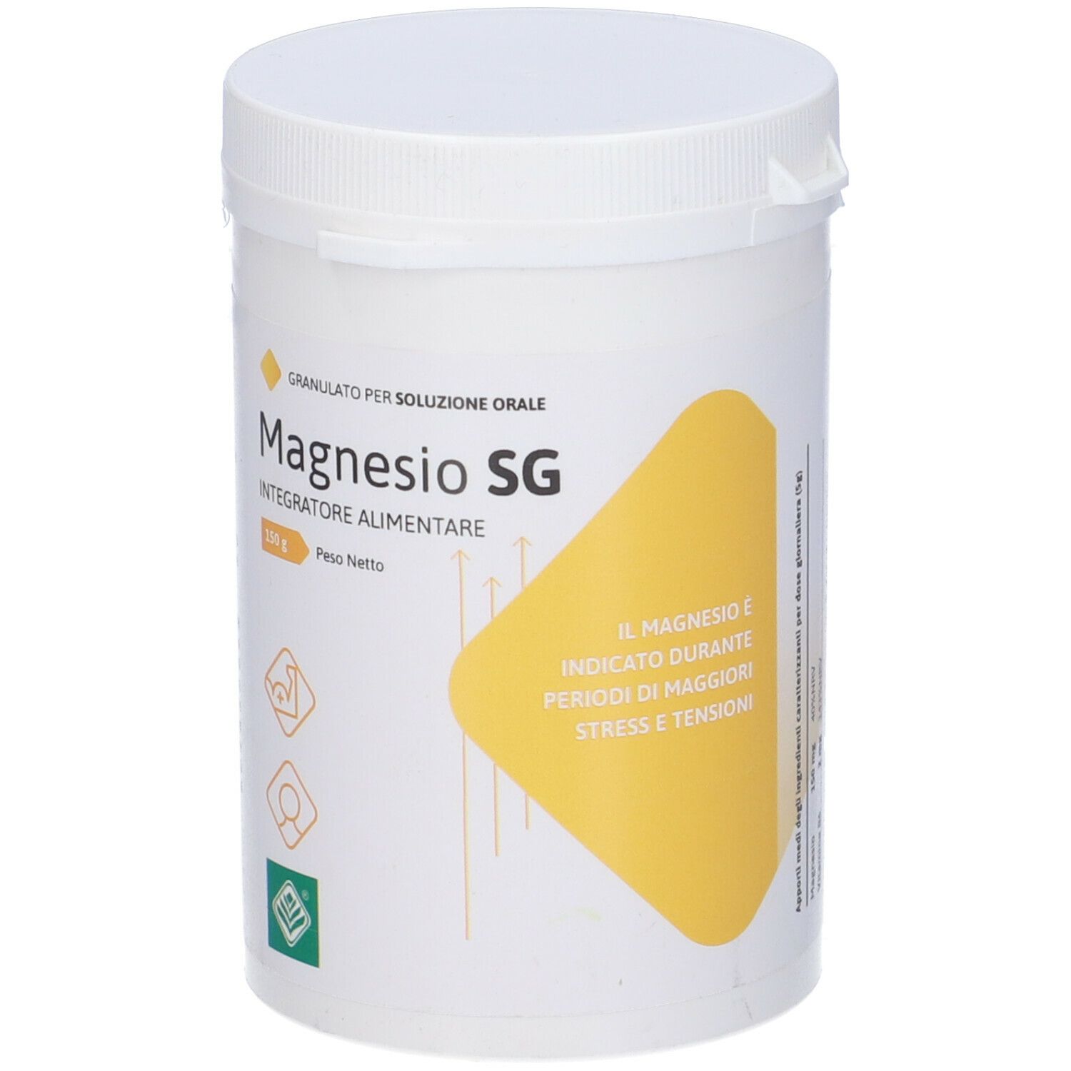 Contenitore bianco con coperchio. Scritta: Magnesio SG, Integratore Alimentare. Etichetta gialla con testo.