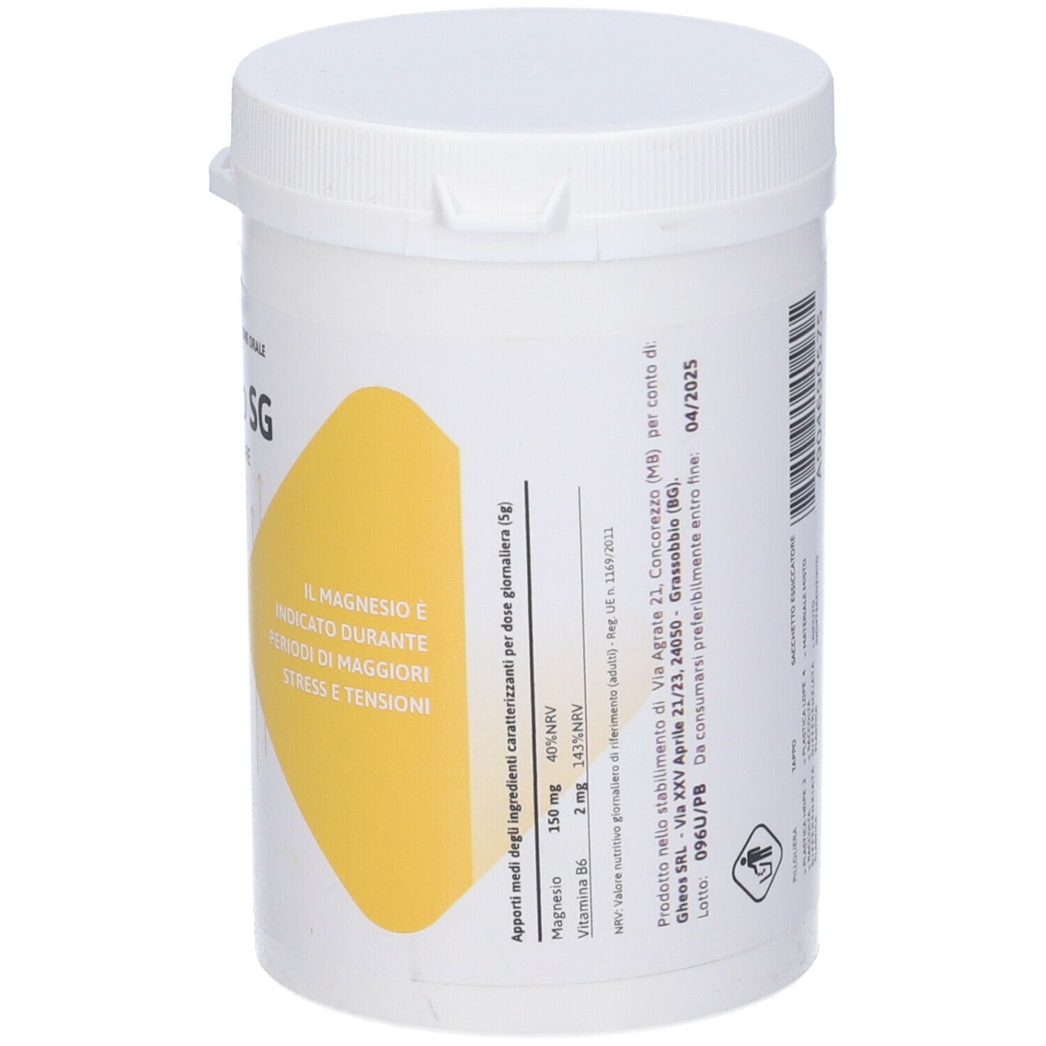 Contenitore bianco con coperchio. Etichetta gialla con testo. Informazioni su magnesio e vitamina B6.