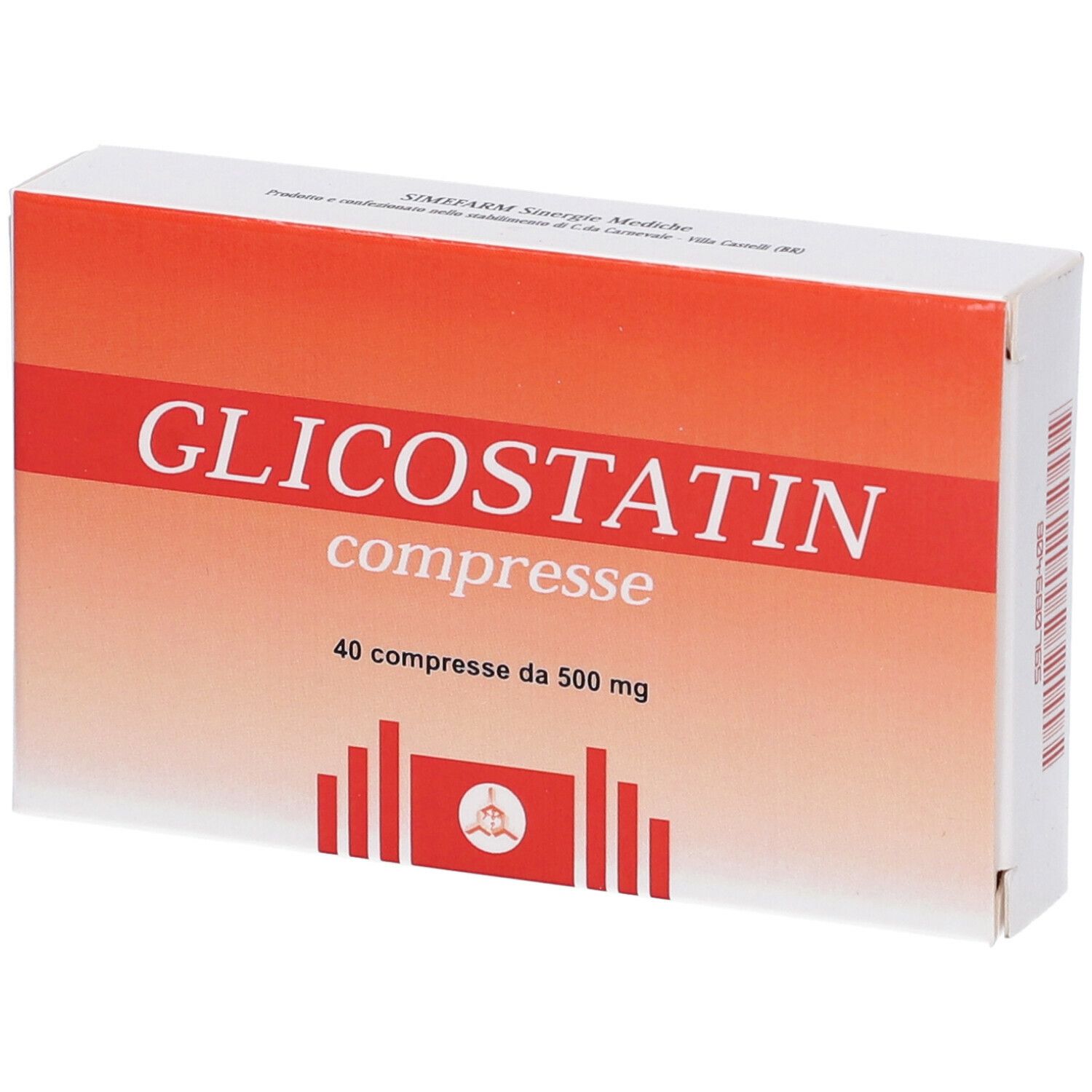 Scatola di Glicostatin. Cartone rosso e bianco. Scritta in italiano.