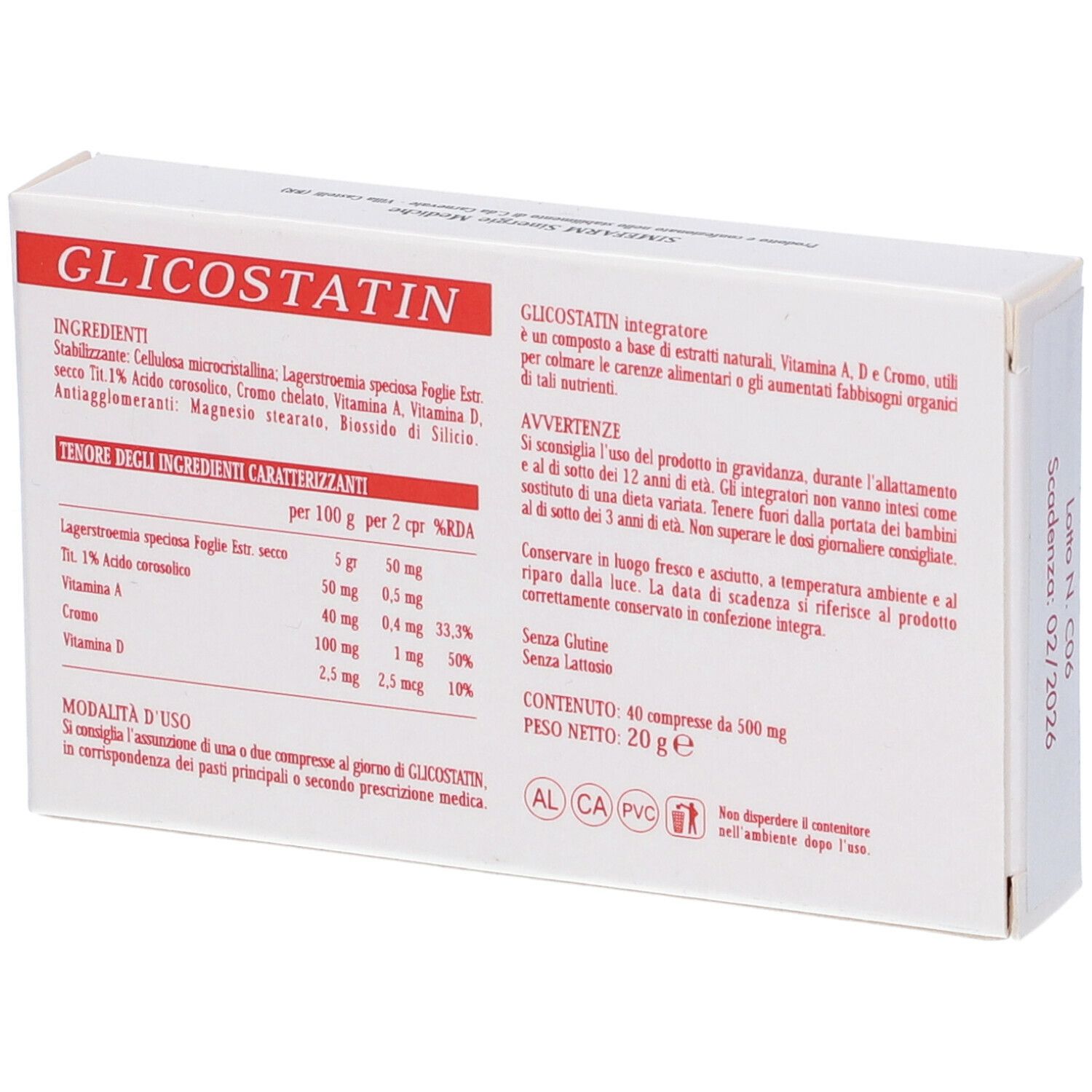 Scatola di Glicostatin, retro con informazioni e avvertenze in italiano.