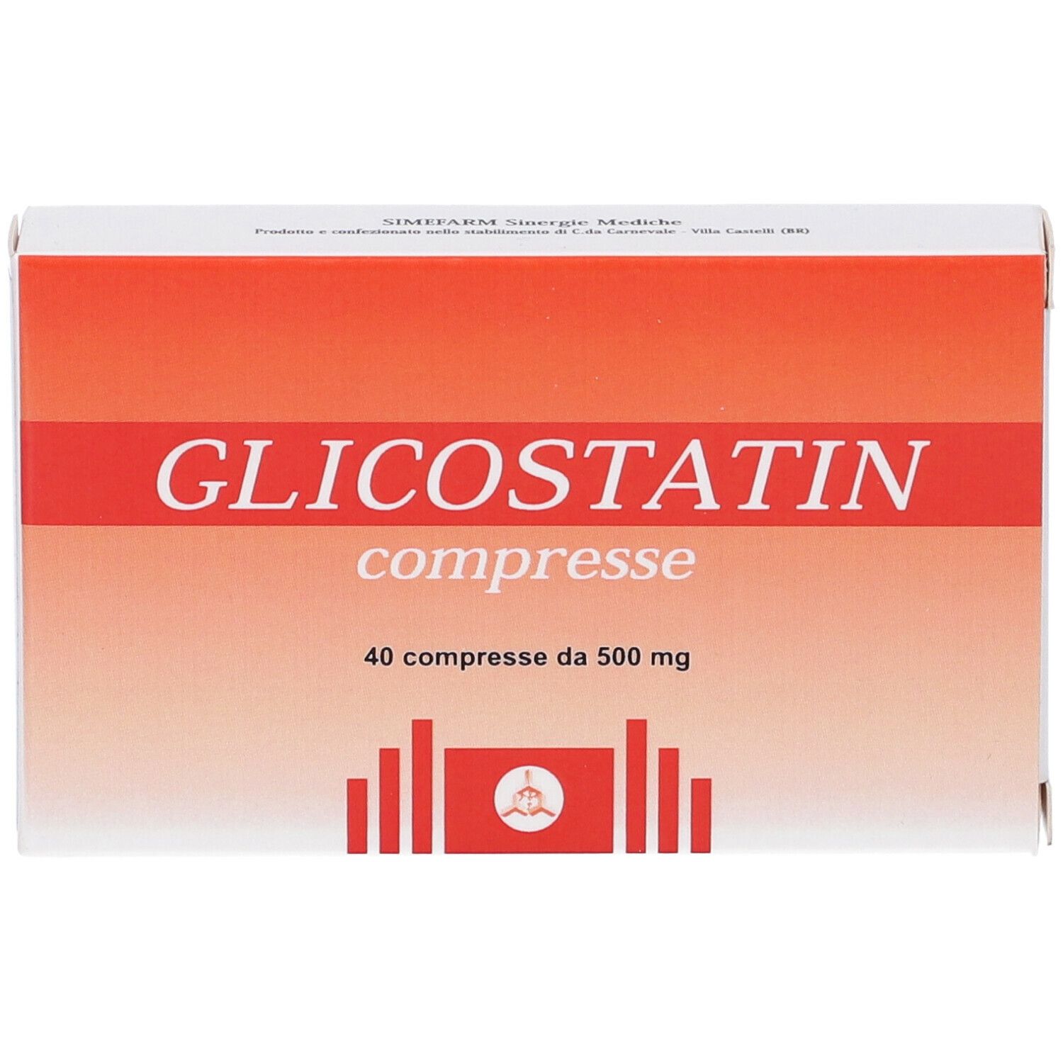 Scatola di Glicostatin. Cartone rosso e bianco. Scritta in italiano.