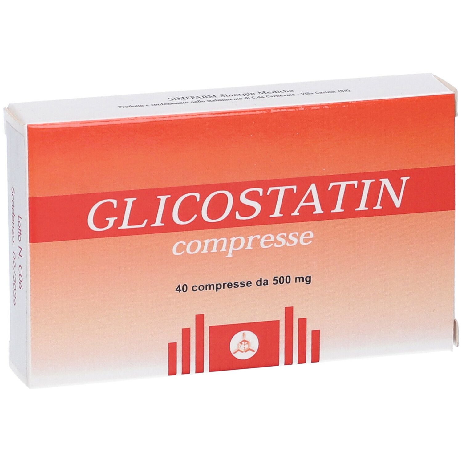 Scatola di Glicostatin. Cartone rosso e bianco. Scritta in italiano.