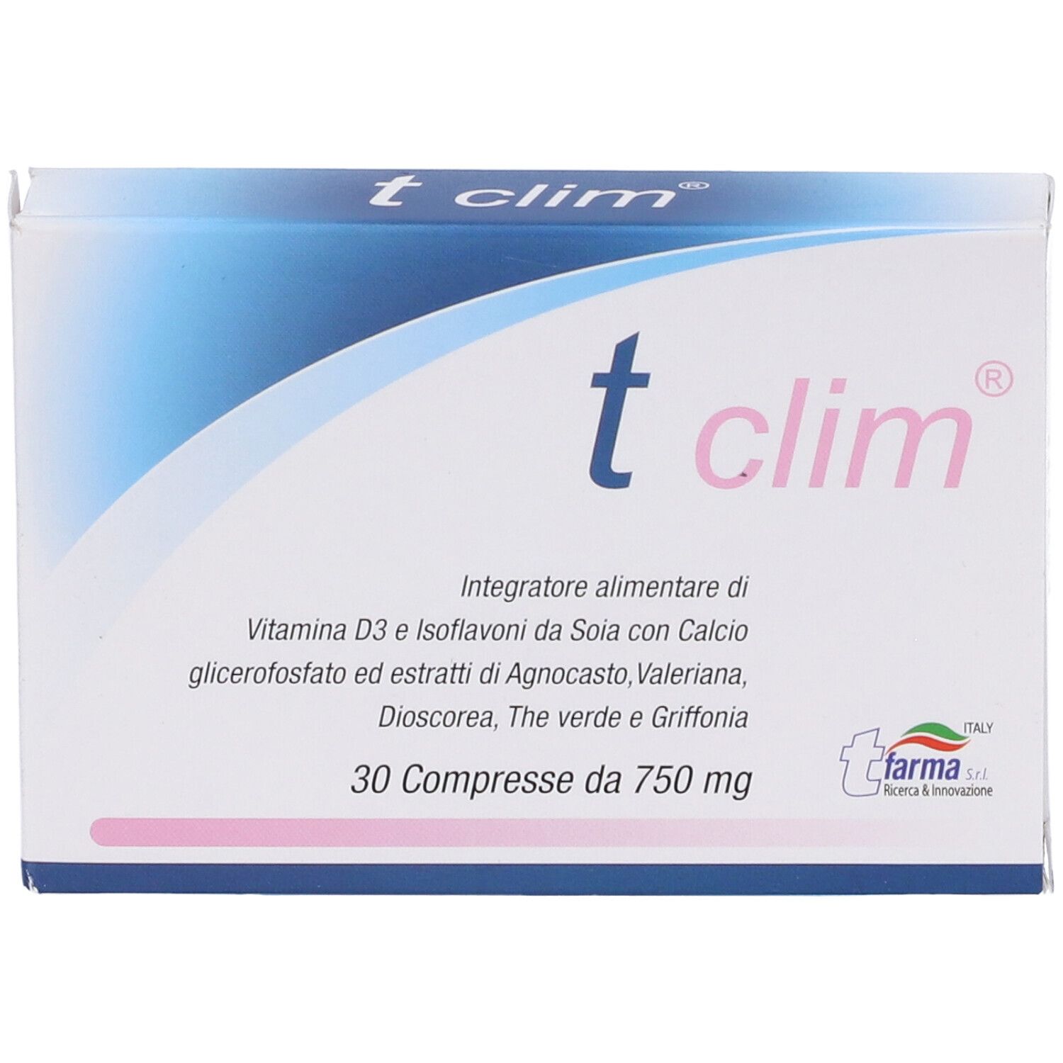 Scatola "t clim" con scritta. Contiene 30 compresse. Scritto: Integratore alimentare.