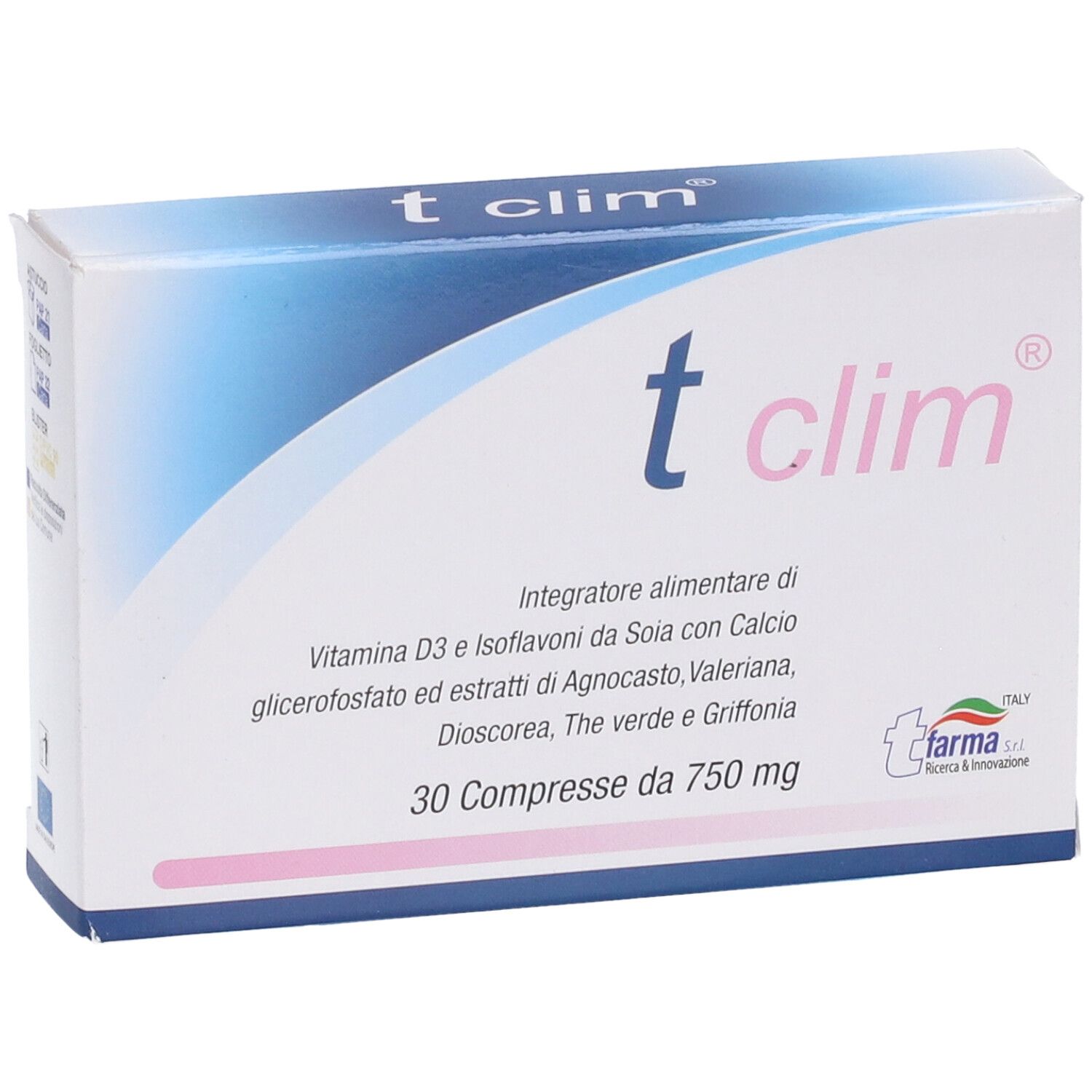 Scatola "t clim" con scritta. Contiene 30 compresse. Scritto: Integratore alimentare.