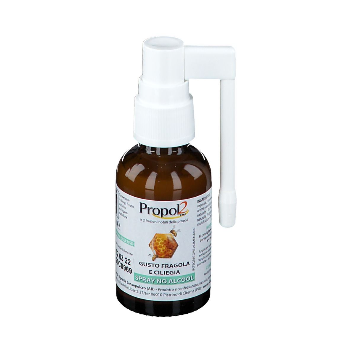 Flacone in vetro marrone con nebulizzatore. Testo: Propol2, gusto fragola e ciliegia, Spray No Alcool. Illustrazione a nido d'ape.