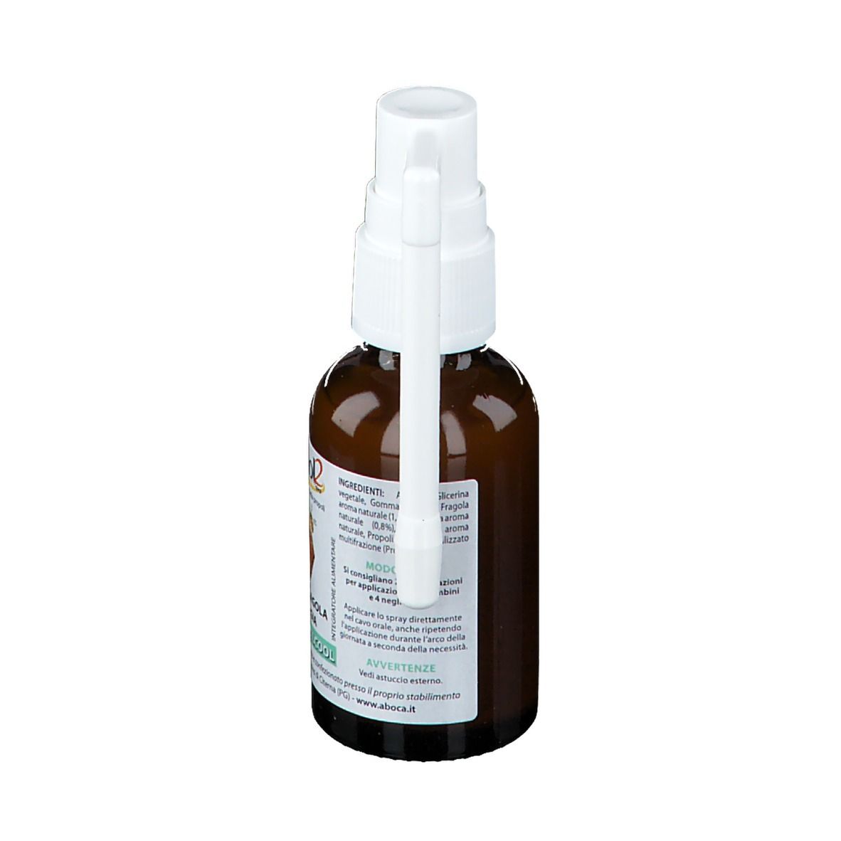 Flacone in vetro marrone con nebulizzatore. Etichetta con testo e ingredienti. Vista posteriore.