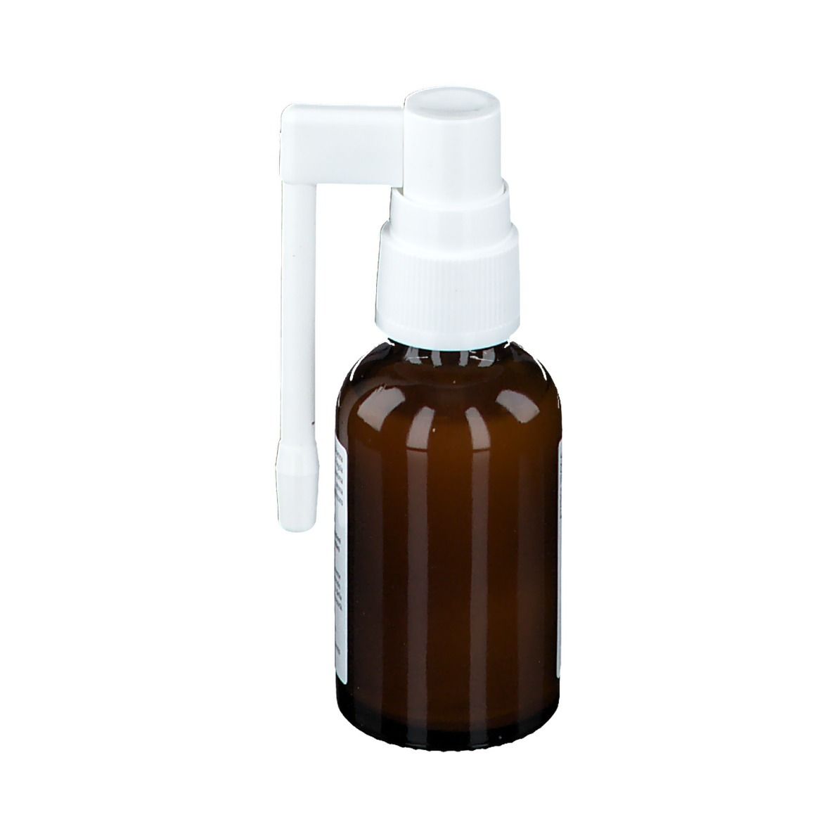 Flacone in vetro marrone con nebulizzatore. Vista laterale. Etichetta con testo e ingredienti.