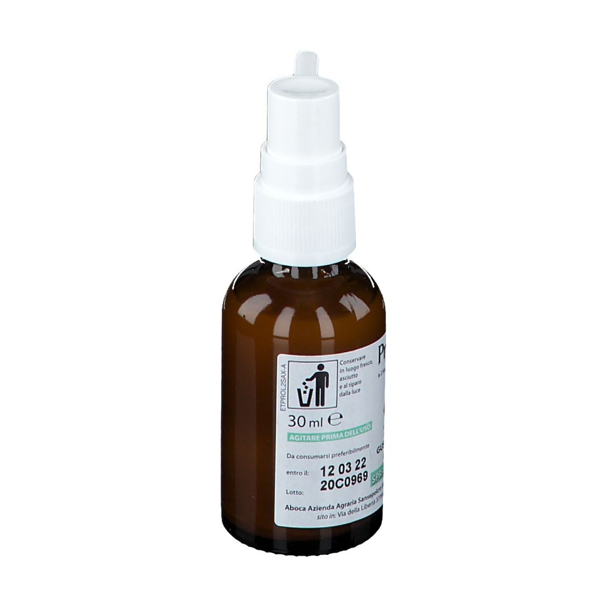 Flacone in vetro marrone con nebulizzatore. Etichetta con testo e indicazione del volume: 30 ml. Logo Aboca.