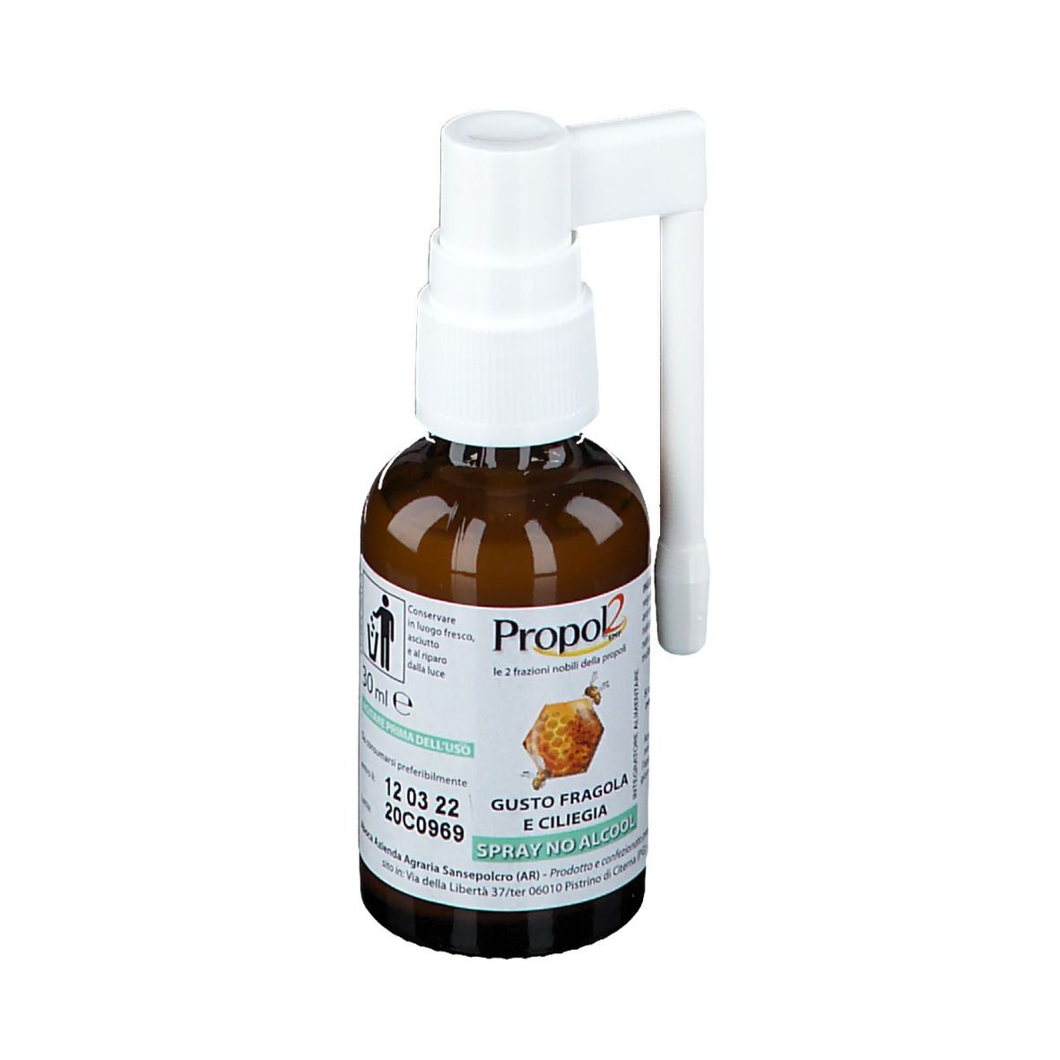 Flacone in vetro marrone con nebulizzatore. Testo: Propol2, gusto fragola e ciliegia, Spray No Alcool. 30 ml.
