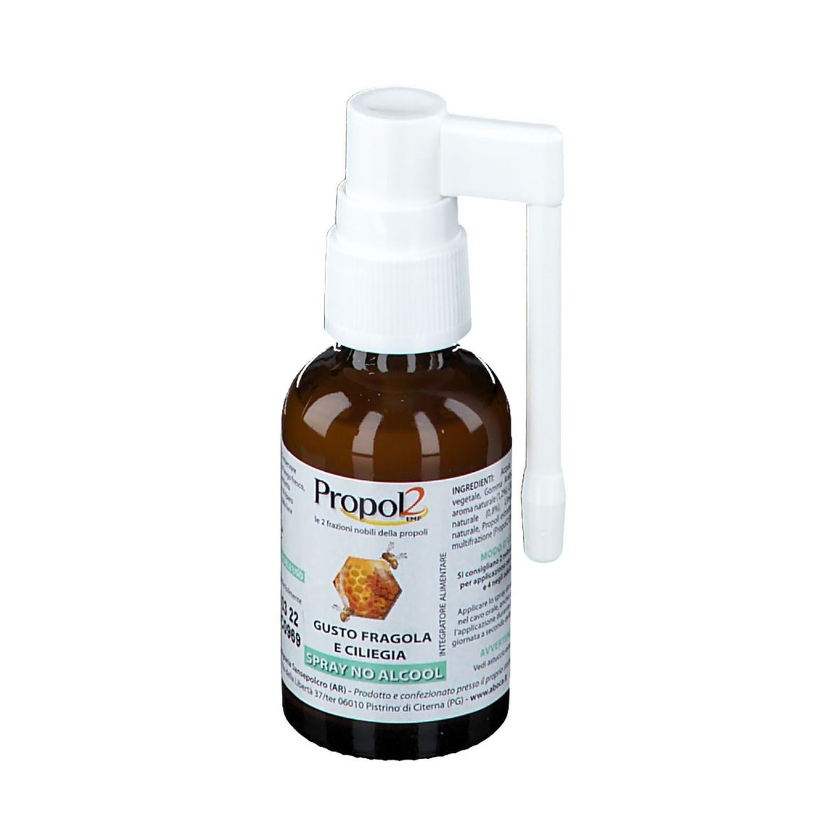 Flacone in vetro marrone con nebulizzatore. Testo: Propol2, gusto fragola e ciliegia, Spray No Alcool. 30 ml.