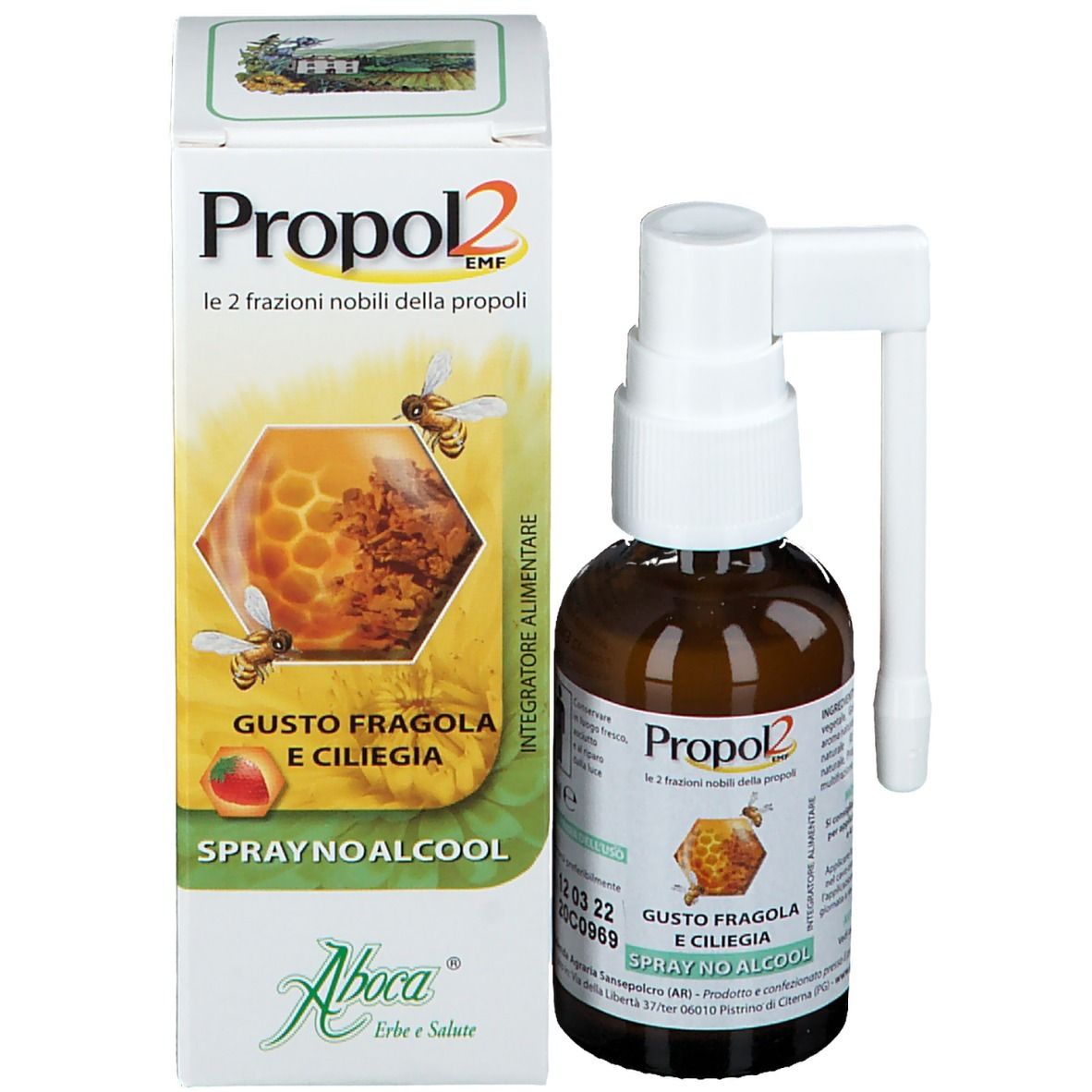Confezione del prodotto e flacone. Testo: Propol2 EMF, gusto fragola e ciliegia, Spray No Alcool. Logo Aboca.