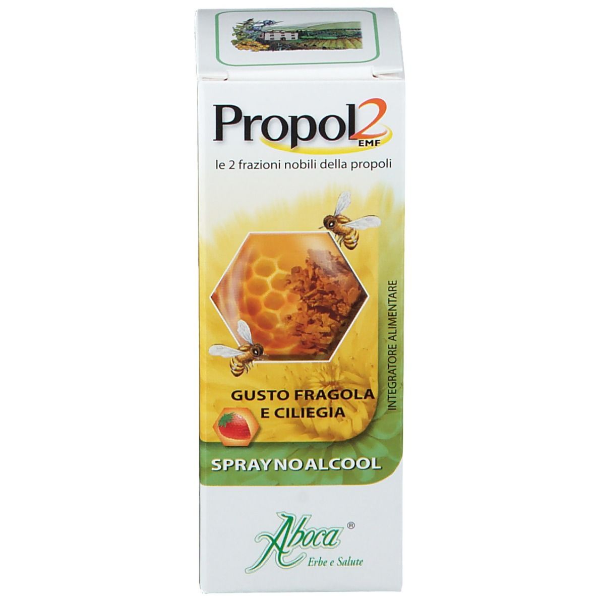 Confezione del prodotto. Testo: Propol2 EMF, gusto fragola e ciliegia, Spray No Alcool. Logo Aboca.