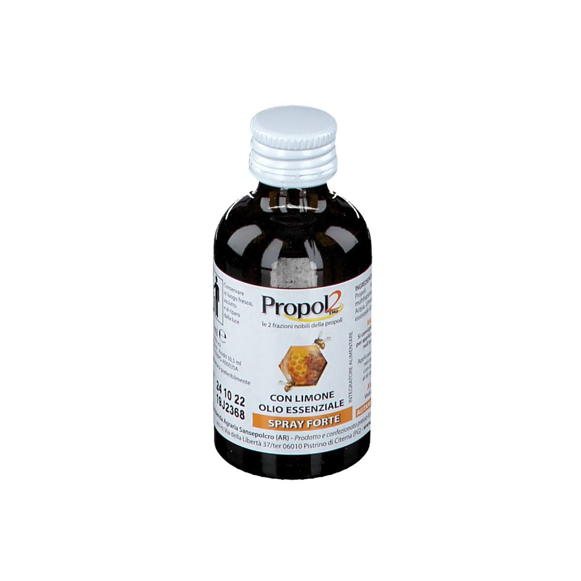 Flacone in vetro marrone con tappo bianco. Etichetta Propol2 EMF Spray Forte. 30 ml. Stampa.