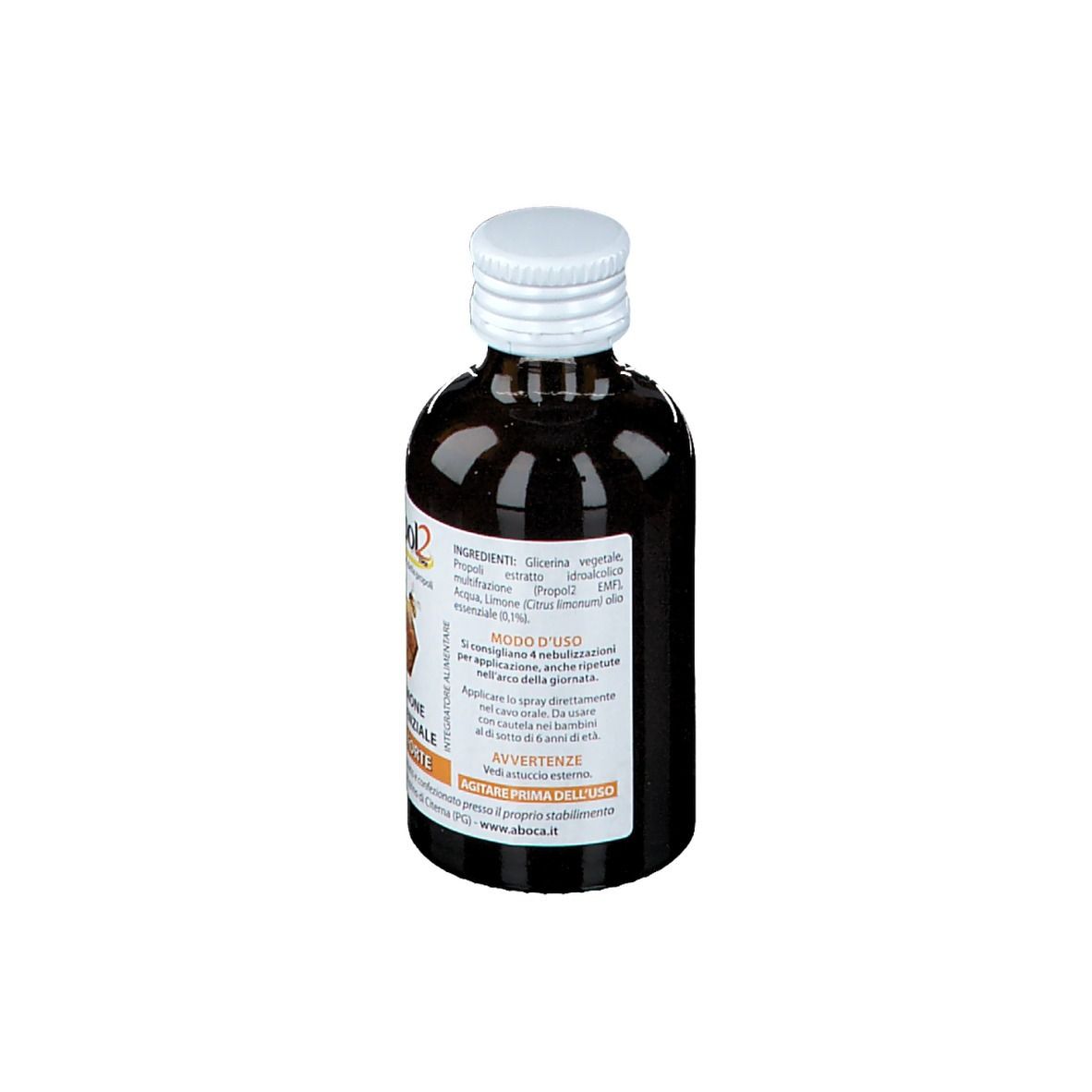 Flacone in vetro marrone con tappo bianco. Etichetta Propol2 EMF Spray Forte. Retro con testo.