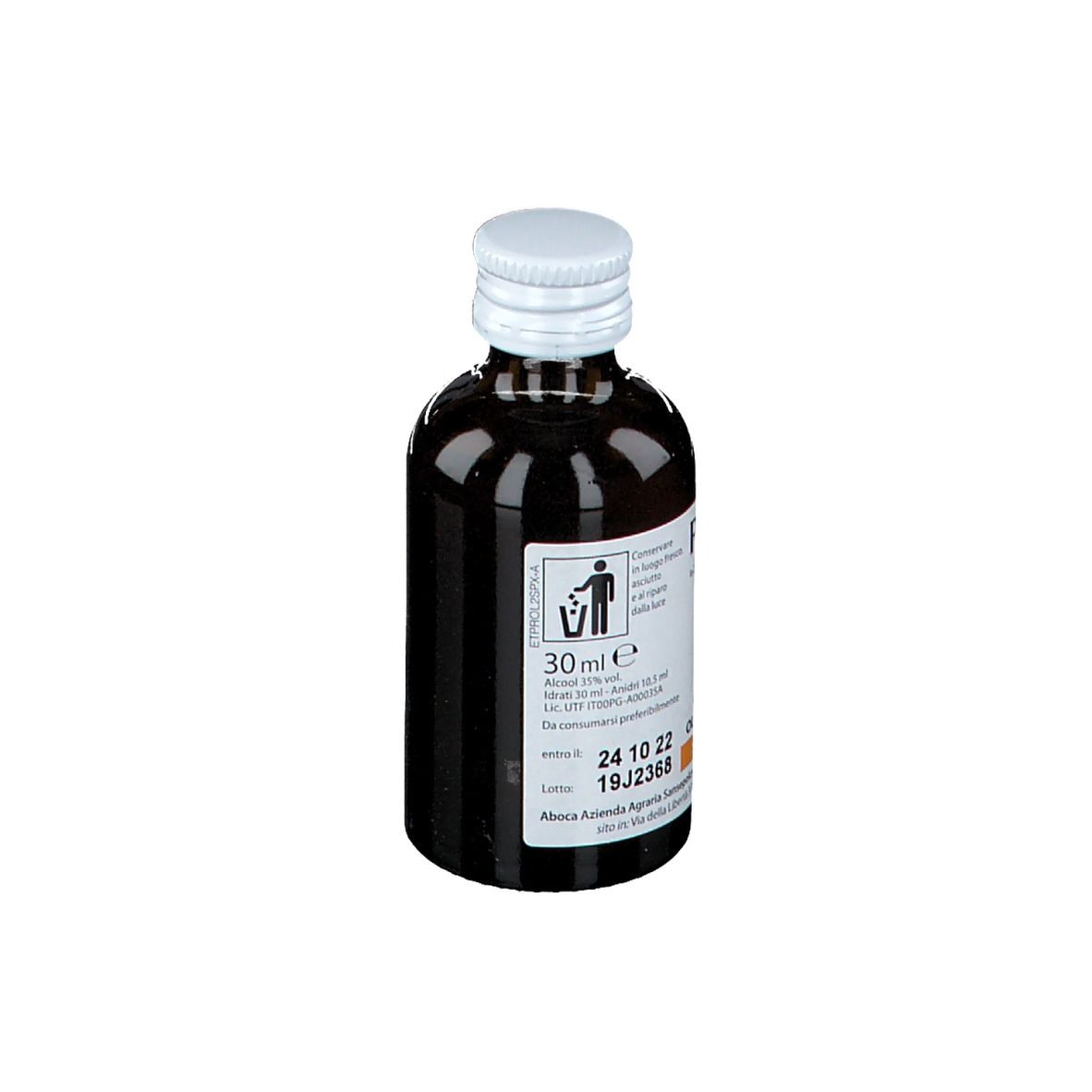Flacone in vetro marrone con tappo bianco. Propol2 EMF Spray Forte. Etichetta con simbolo riciclo.