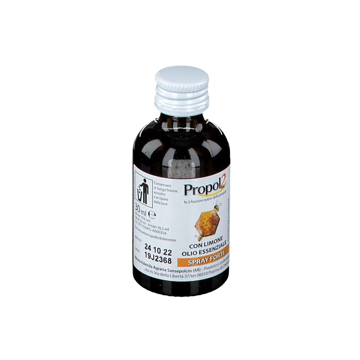 Flacone in vetro marrone con tappo bianco. Propol2 EMF Spray Forte. Etichetta con informazioni prodotto.