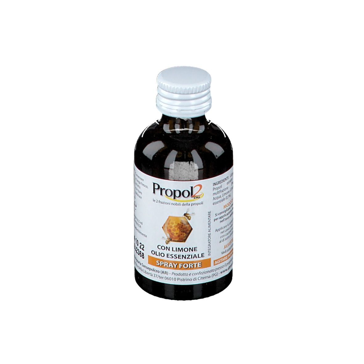 Flacone in vetro marrone con tappo bianco. Propol2 EMF Spray Forte. Etichetta con informazioni prodotto.