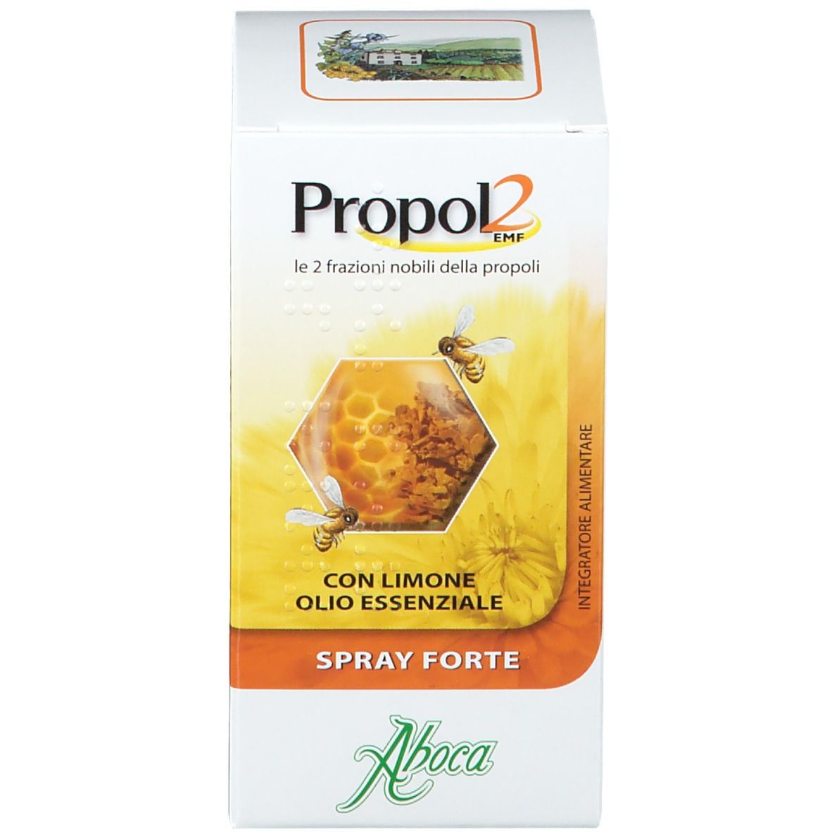 Confezione e flacone Propol2 EMF Spray Forte. Flacone marrone, tappo bianco. Confezione bianca.