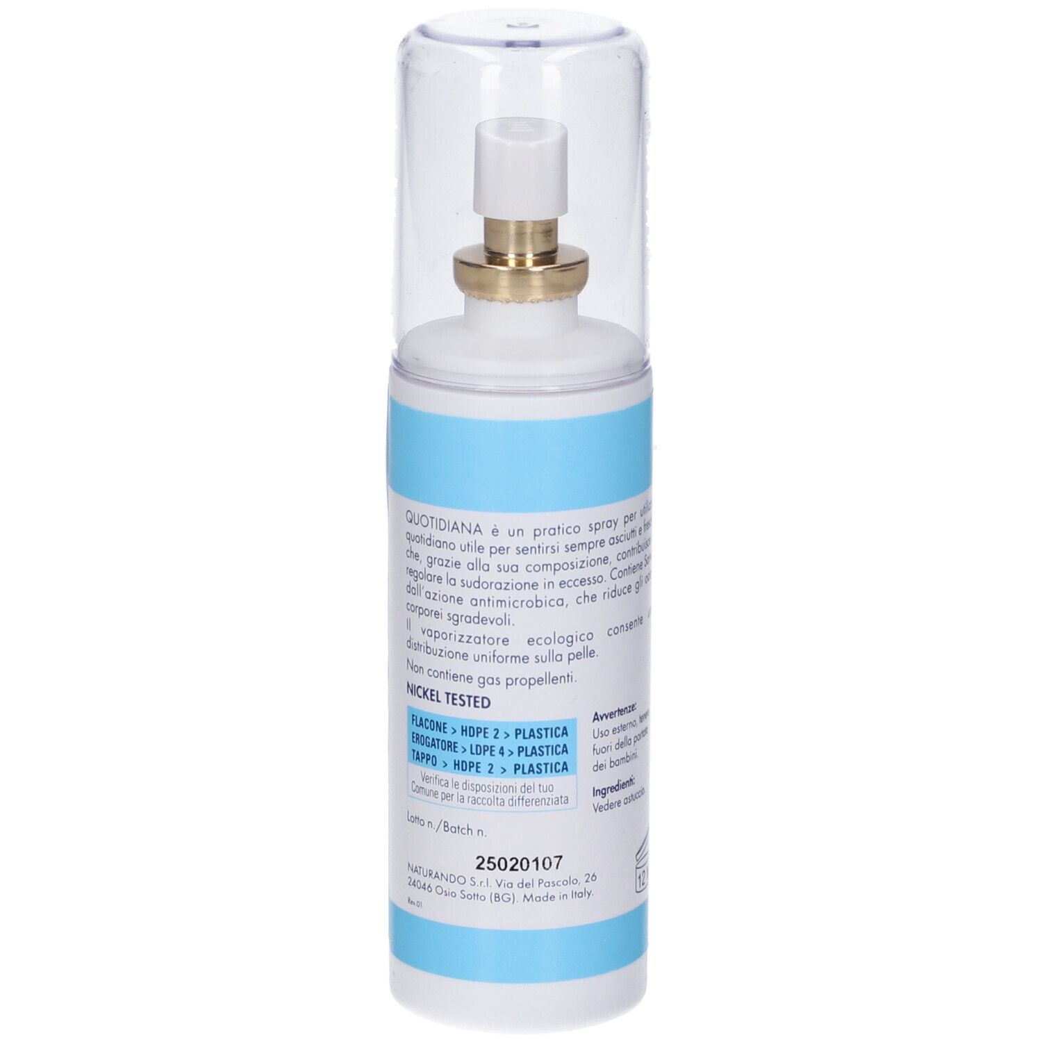 Retro di un flacone spray. Testo in italiano. Marchio: NATURANDO. Nickel Tested.
