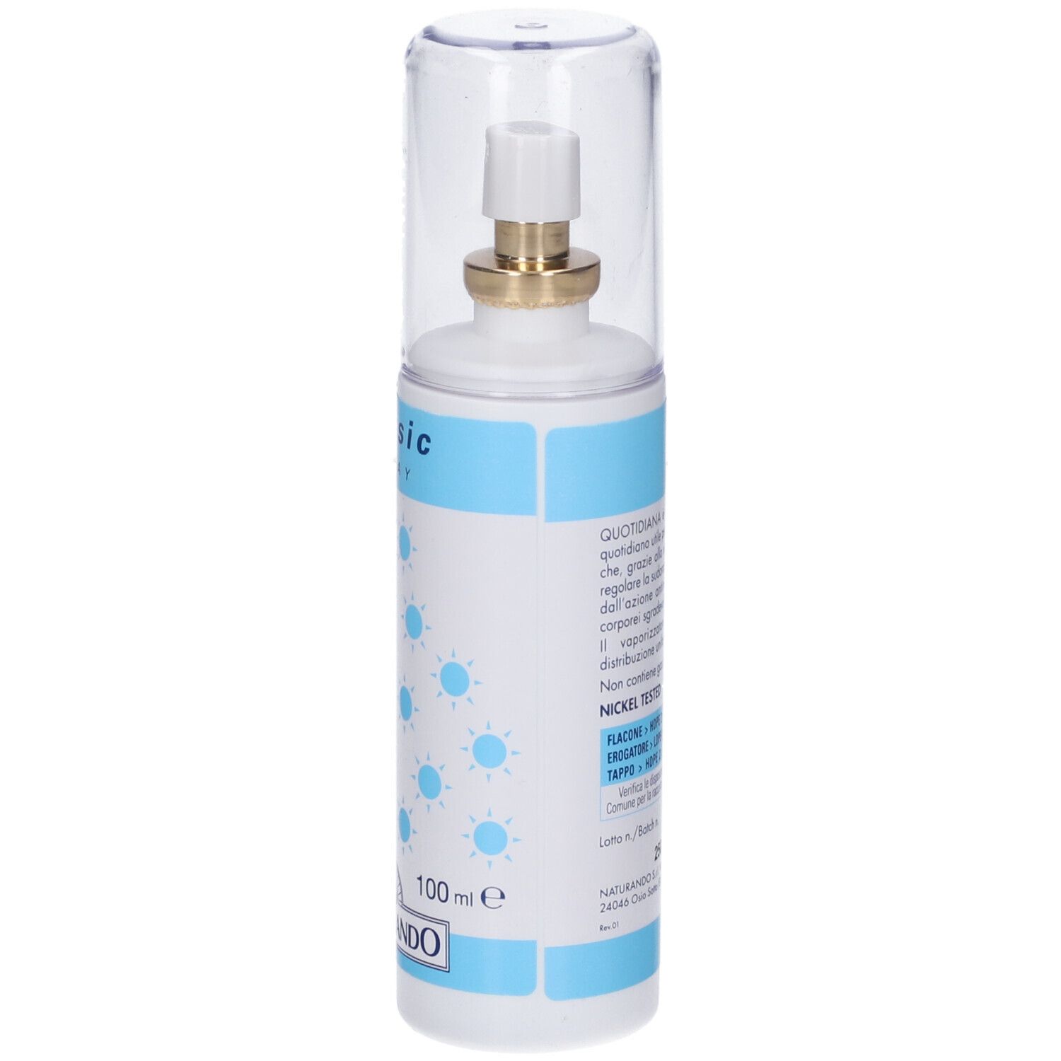 Flacone spray bianco e blu con tappo trasparente. Scritta: QUOTIDIANA, classic. Marchio: NATURANDO. 100 ml.
