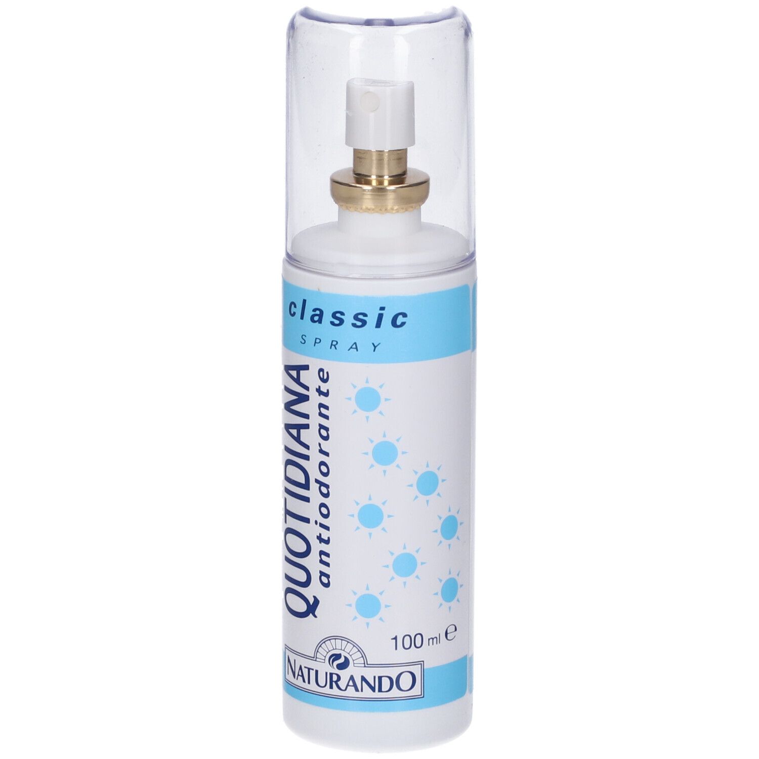 Flacone spray bianco e blu con tappo trasparente. Scritta: QUOTIDIANA antiodorante, classic SPRAY. Marchio: NATURANDO. 100 ml.