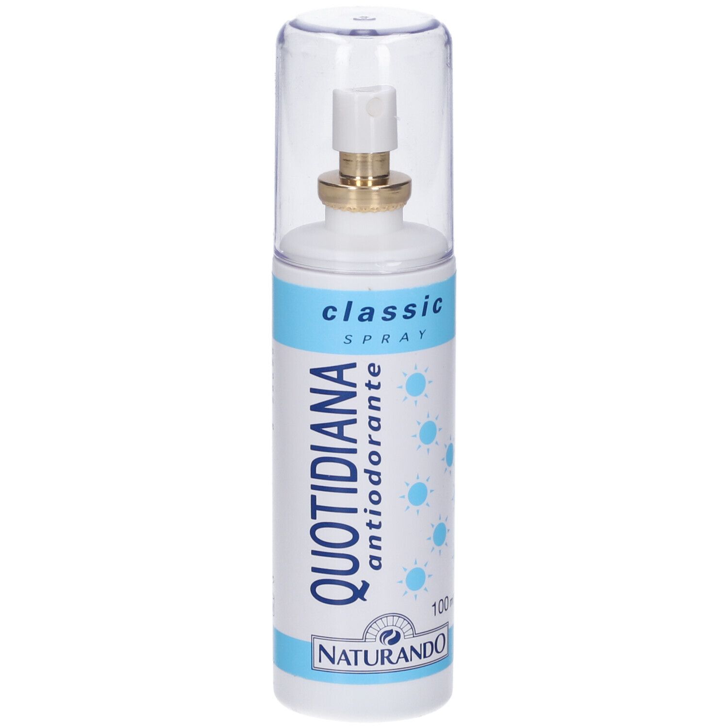 Flacone spray bianco e blu con tappo trasparente. Scritta: QUOTIDIANA antiodorante, classic SPRAY. Marchio: NATURANDO. 100 ml.