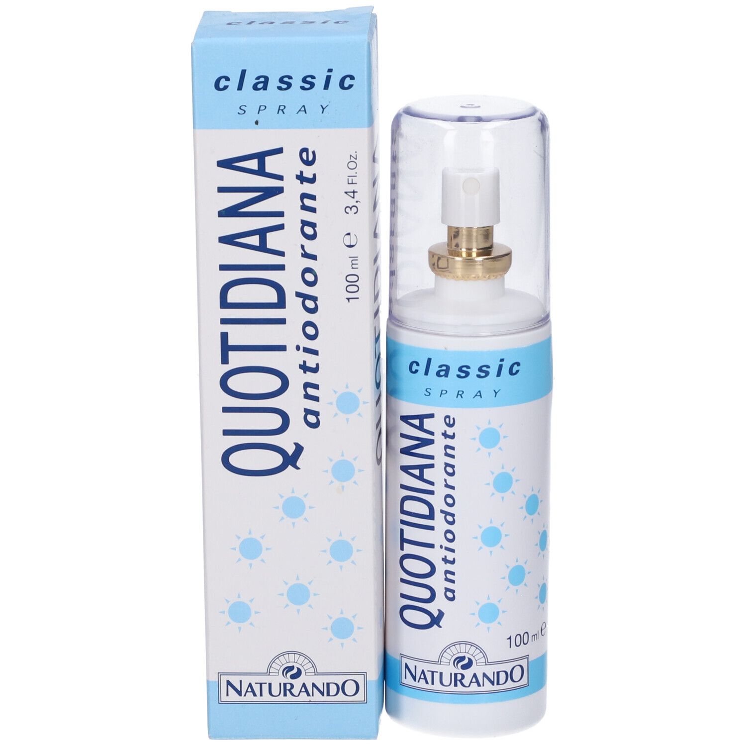 Confezione del prodotto e flacone spray. Scritta: QUOTIDIANA antiodorante, classic SPRAY. Marchio: NATURANDO. 100 ml.