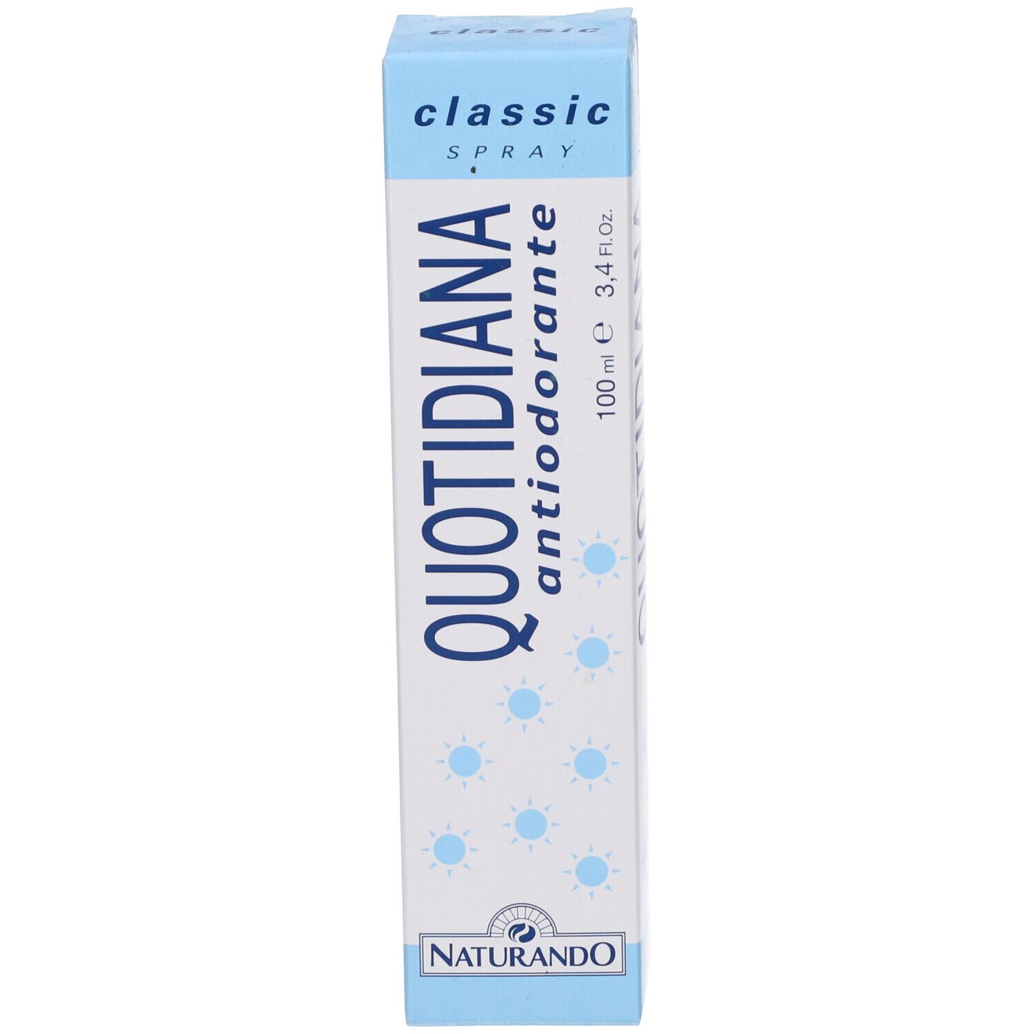 Scatola per Quotidiana Antiodorante Spray. Mostra 'classic SPRAY' e '100 ml 3,4 Fl.Oz.'.